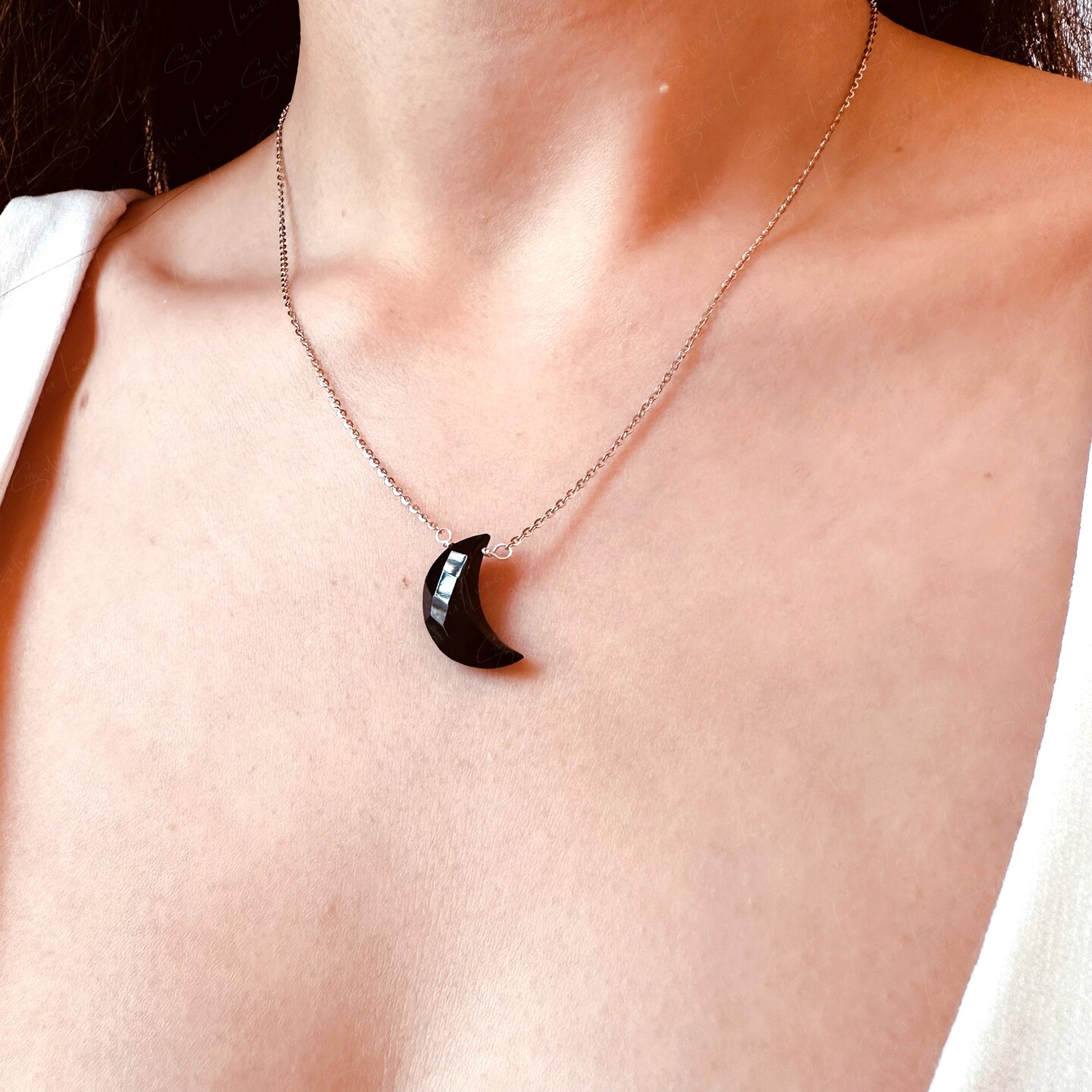 Crescent moon black onyx pendant necklace with 925 sterling silver chain product 3