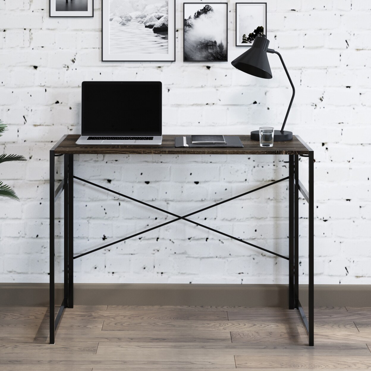 Lavish Home Folding Computer Desk Modern Desk Style Wood Steel for Home Office Gray-Brown