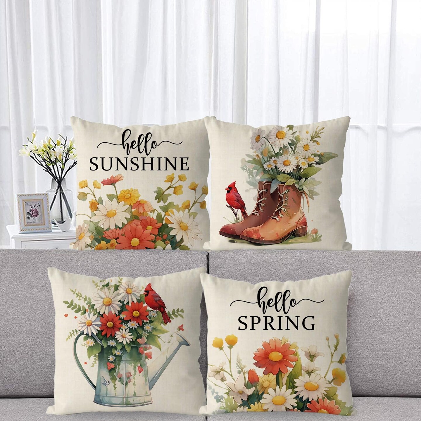 18x18 Inch Set of 4 Cardinal Floral Throw Pillowcase