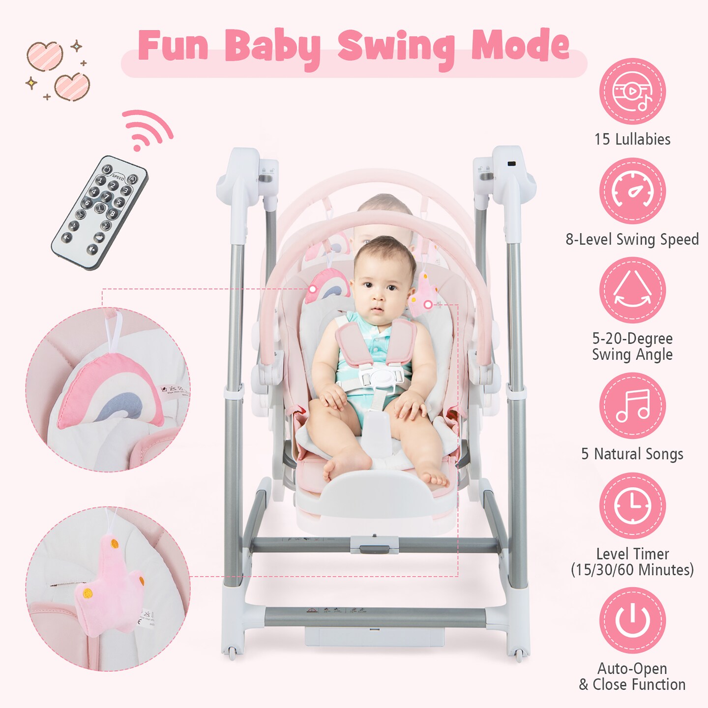 Babyjoy 3-in-1 Baby Swing & High Chair with 8 Adjustable Heights & Music Box Grey/Pink