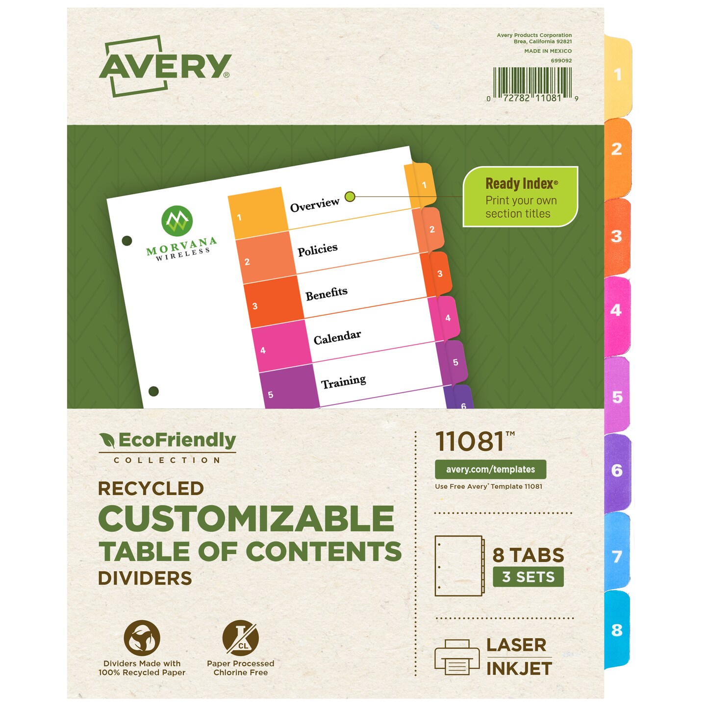 Avery EcoFriendly Recycled Dividers for 3 Ring Binders, 8-Tab, Multicolor Tabs, Ready Index Customizable Table of Contents, 3 Sets for 24 Binder Dividers Total (11081)