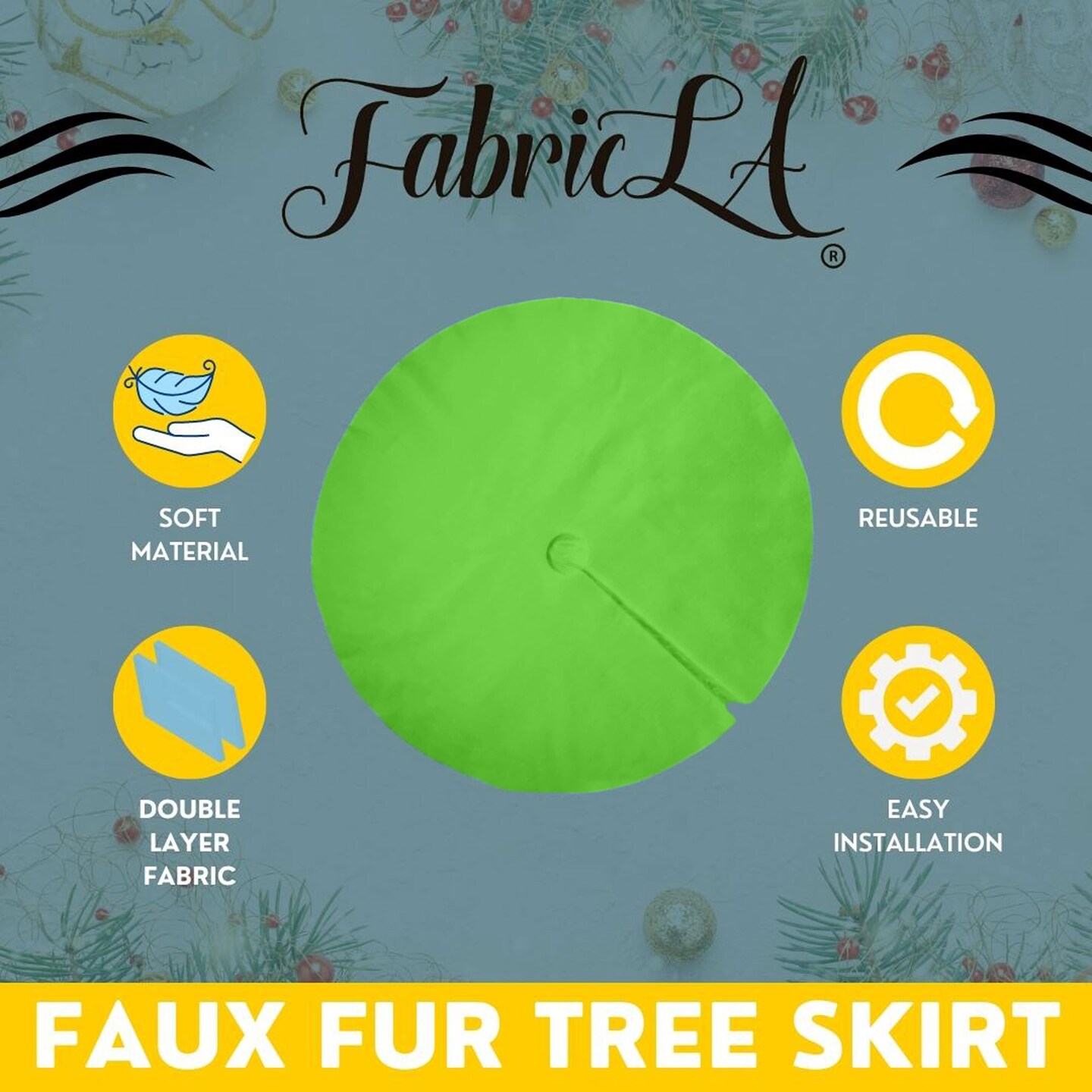 FabricLA 40&#x22; Lime Faux Fur Christmas Tree Skirt - Fluffy Plush Tree Skirt (101cm) for Holiday Decorations