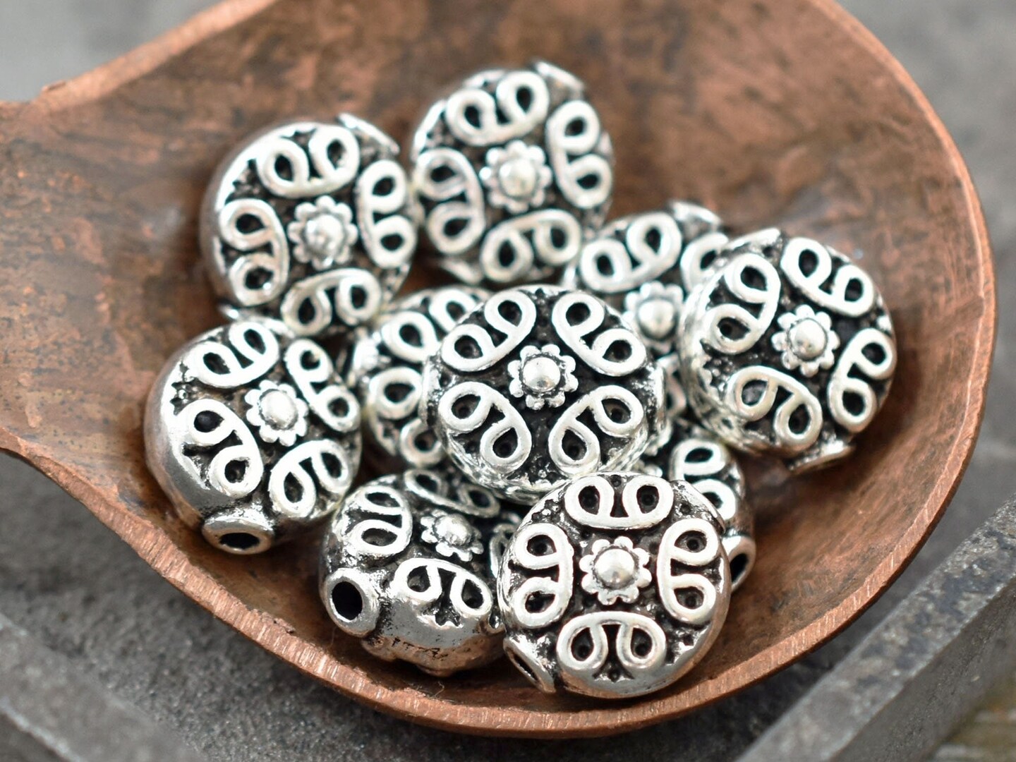 *50* 10mm Antique Silver Ornate Coin Spacer Beads