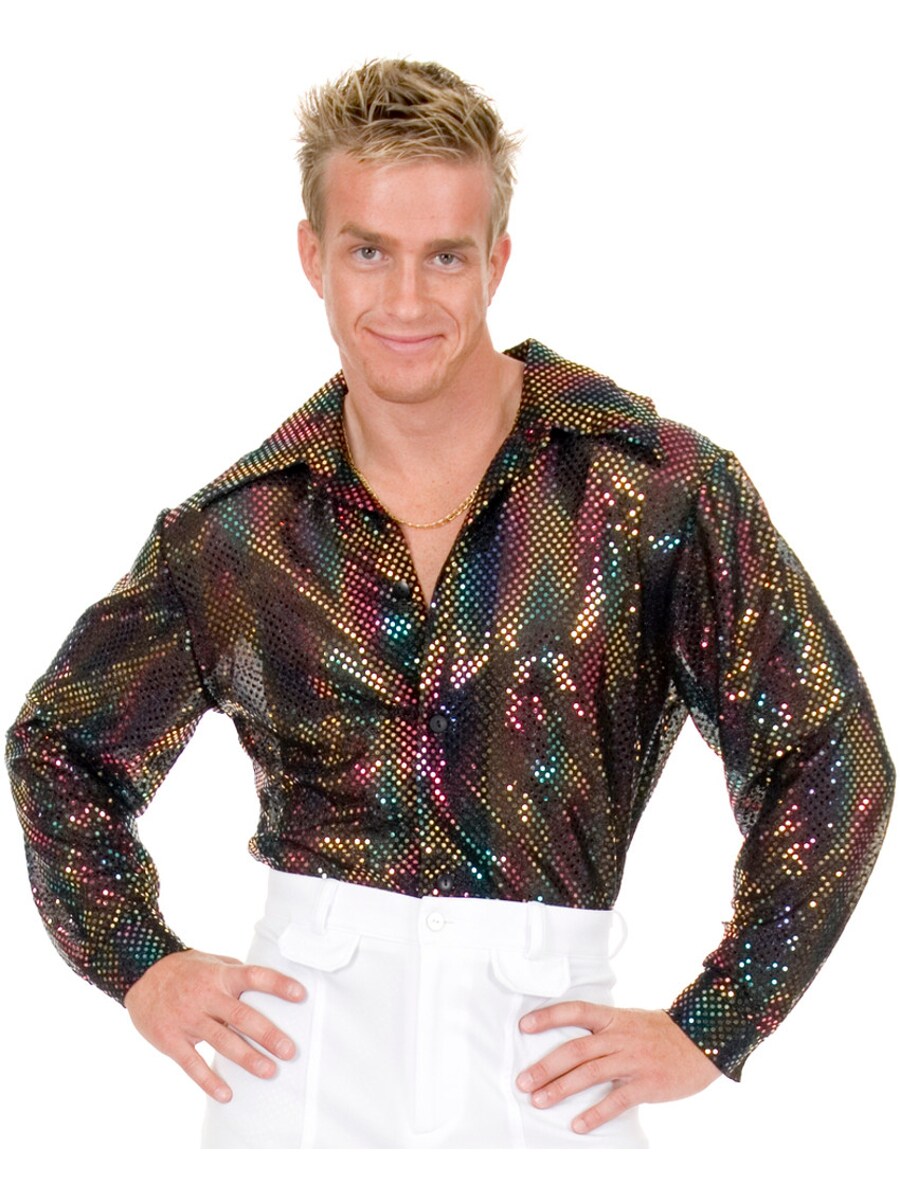 Adult Men's Black Rainbow Multi-Colored Mini-Sequin 70s Disco Costume Shirt