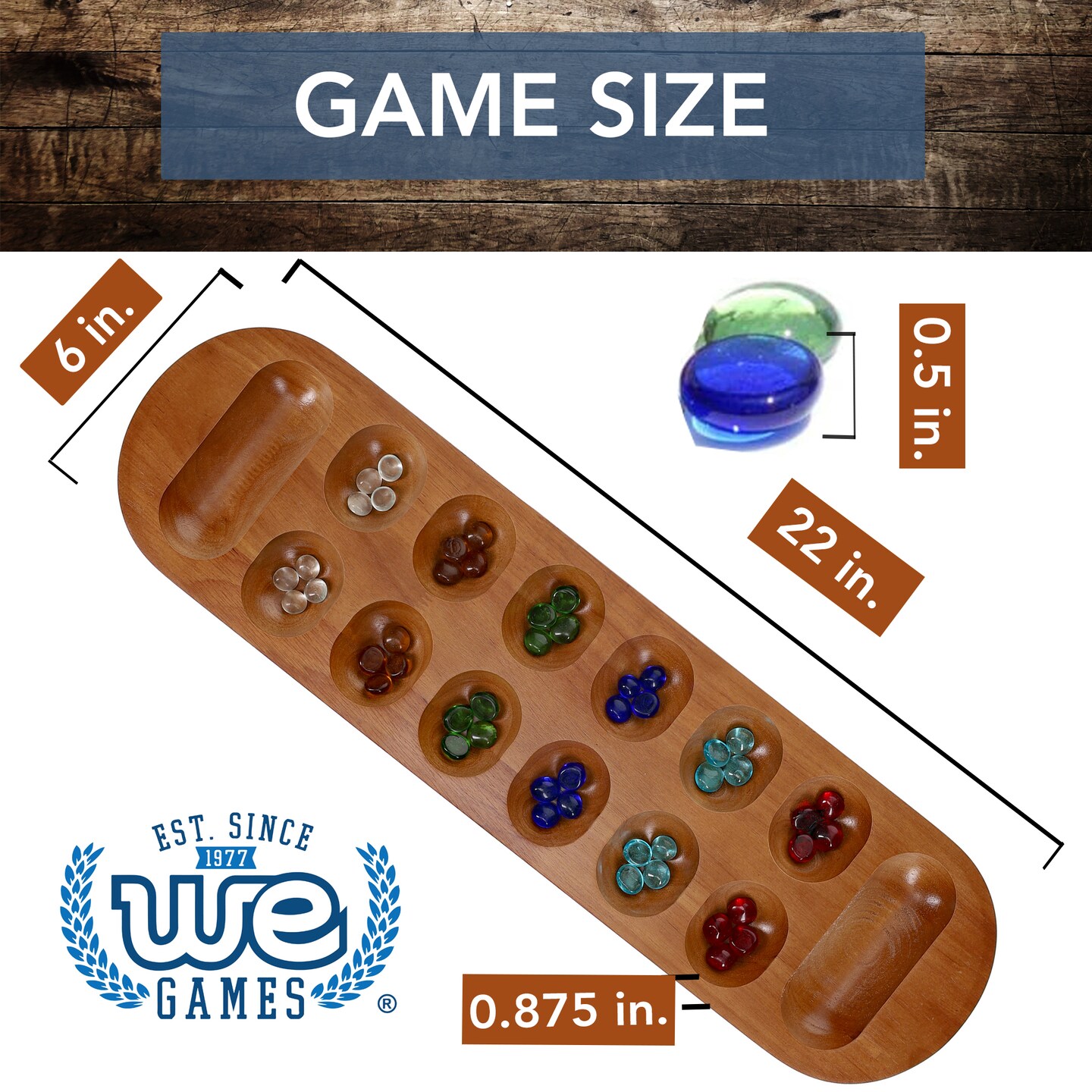 WE Games Solid Wood Mancala Board Game with Walnut Stain - 22 in.
