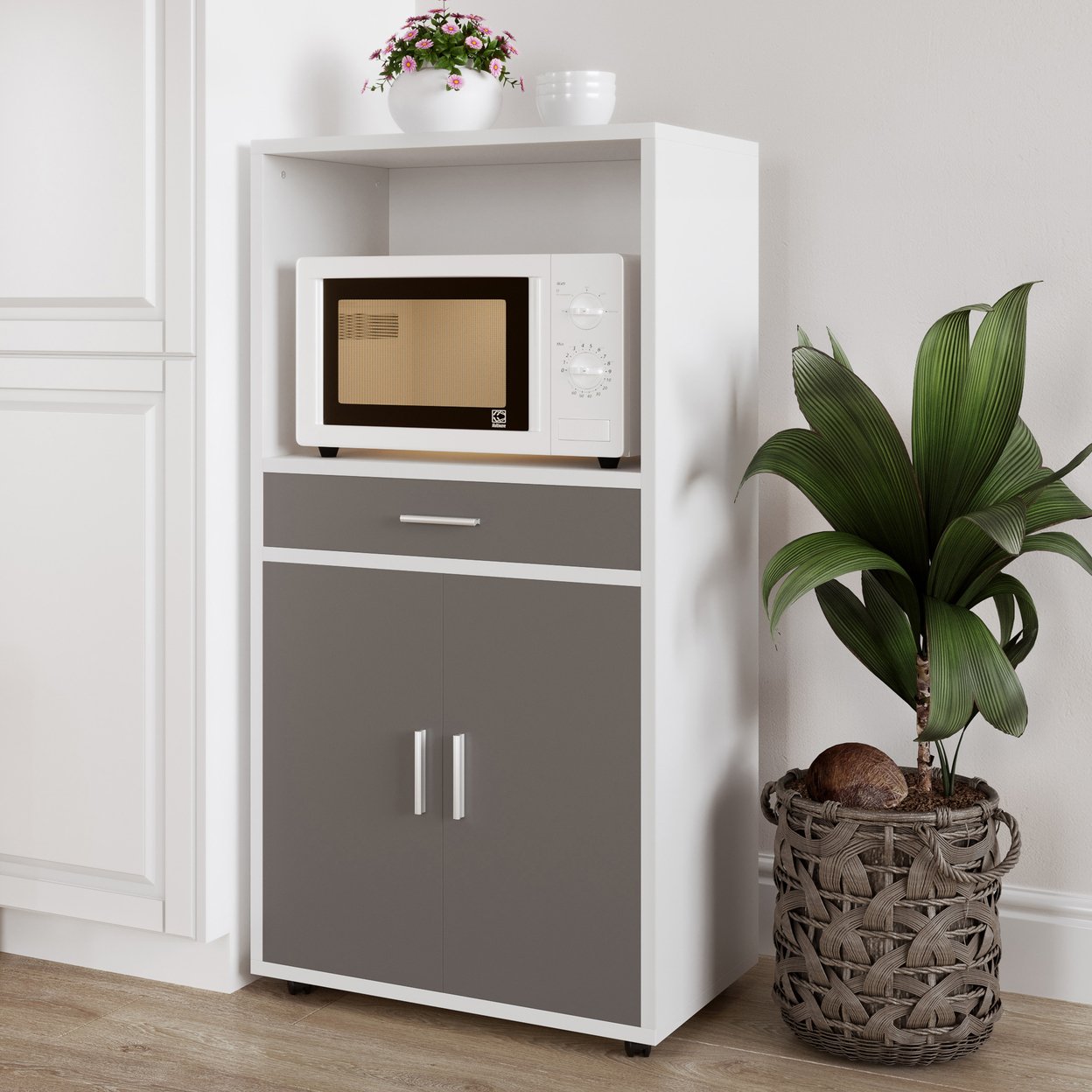 Microwave Stand Kitchen Storage Cart Cabinet White Gray Adjustable Wheels