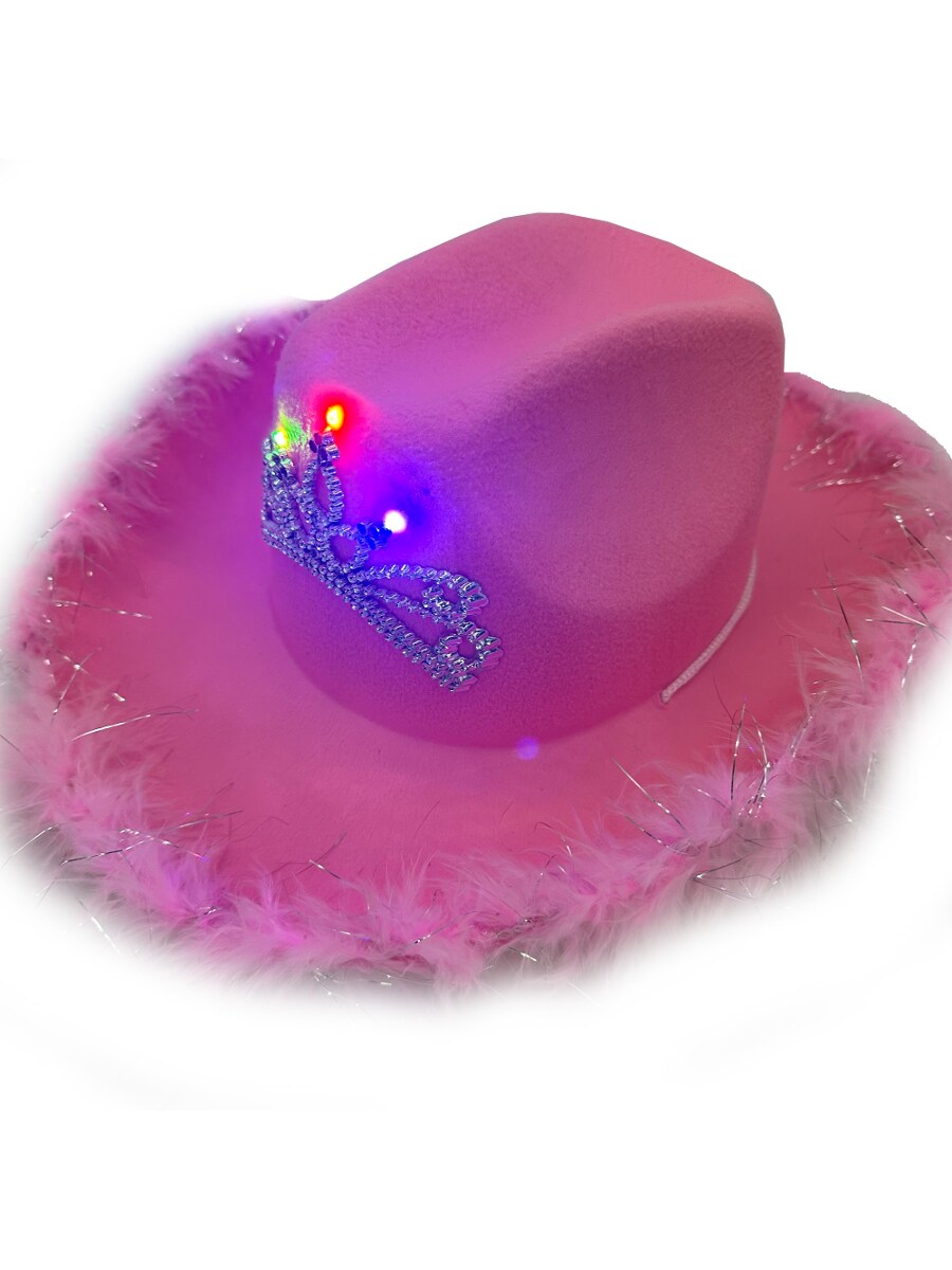 Adult&#x27;s Neon Pink Cowboy Hat With Tiara And Party Wire EL Light Up Feather Trim