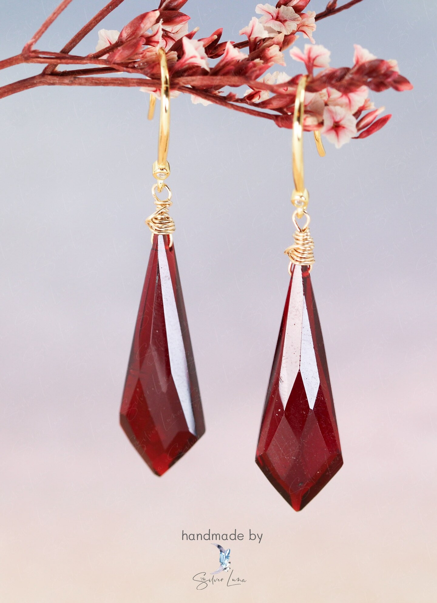 Kite shape diamond cute red garnet dangle drop sterling  display picture 1