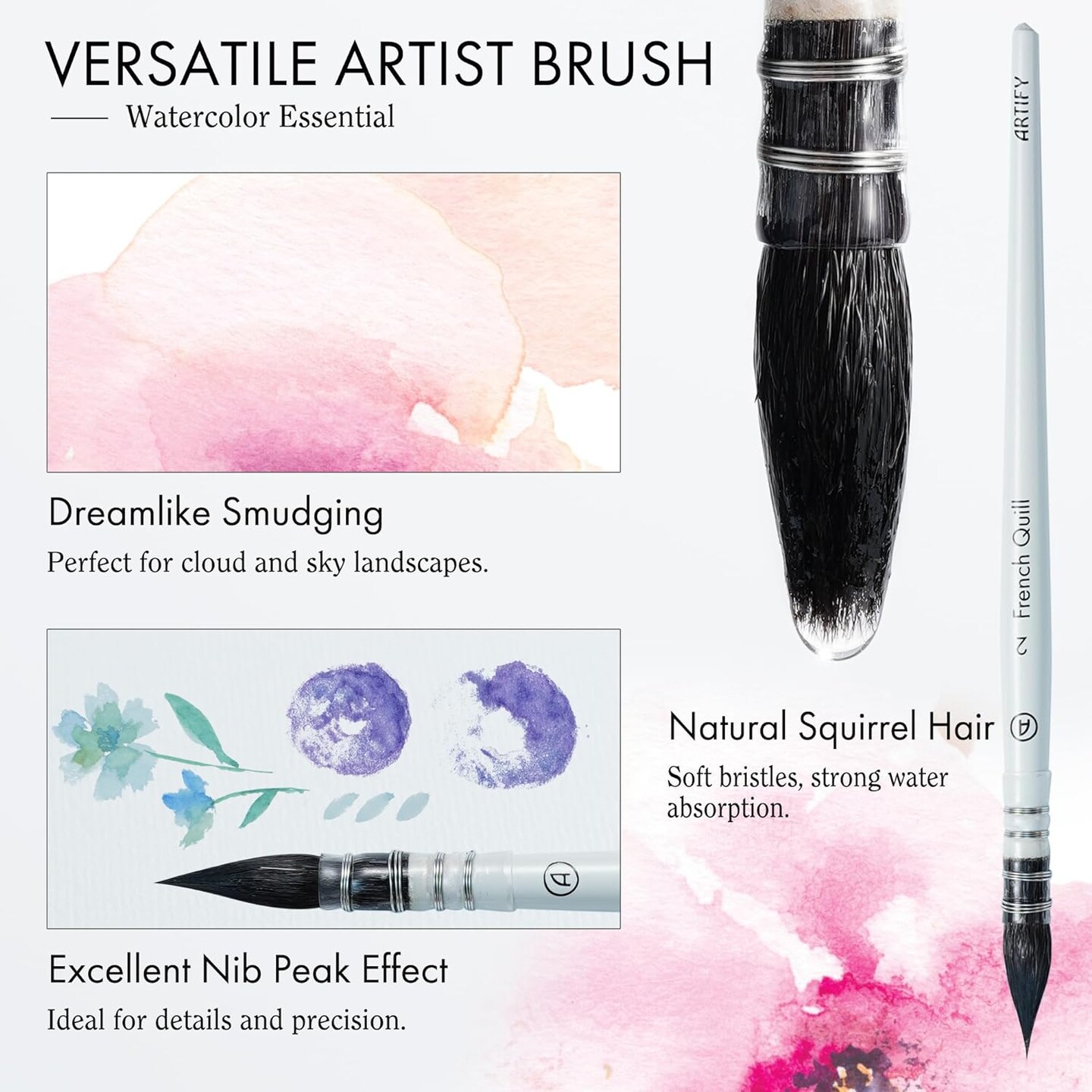 ARTIFY 9 PCS Floral Watercolor Brushes for Beginners &#x26; Pros | Artist Paint Brushes for Watercolor, Gouache &#x26; Acrylic | Round, Flat, Dagger, Cat&#x2019;s Tongue, Detail Bruhes &#x26; Squirrel Hair Quill Brush