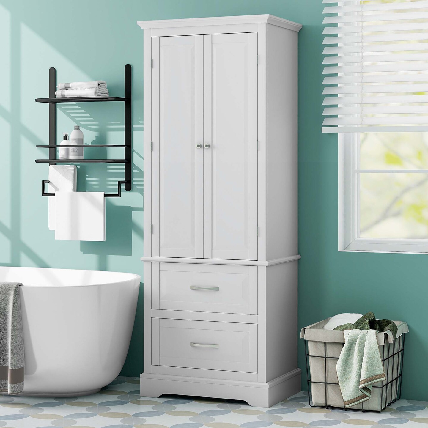 Costway 62'' Tall Bathroom Freestanding Floor Storage Cabinet with 2 Doors Shelves Drawers