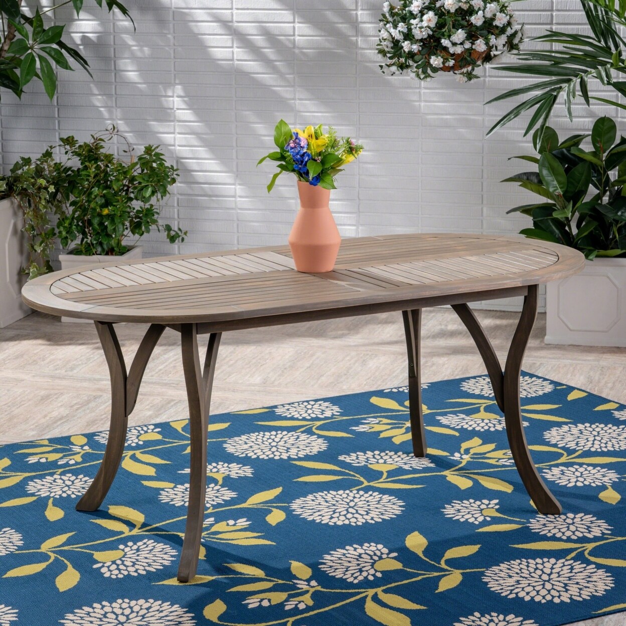 GDFStudio Baia Outdoor Acacia Wood 70-inch Oval Dining Table Gray