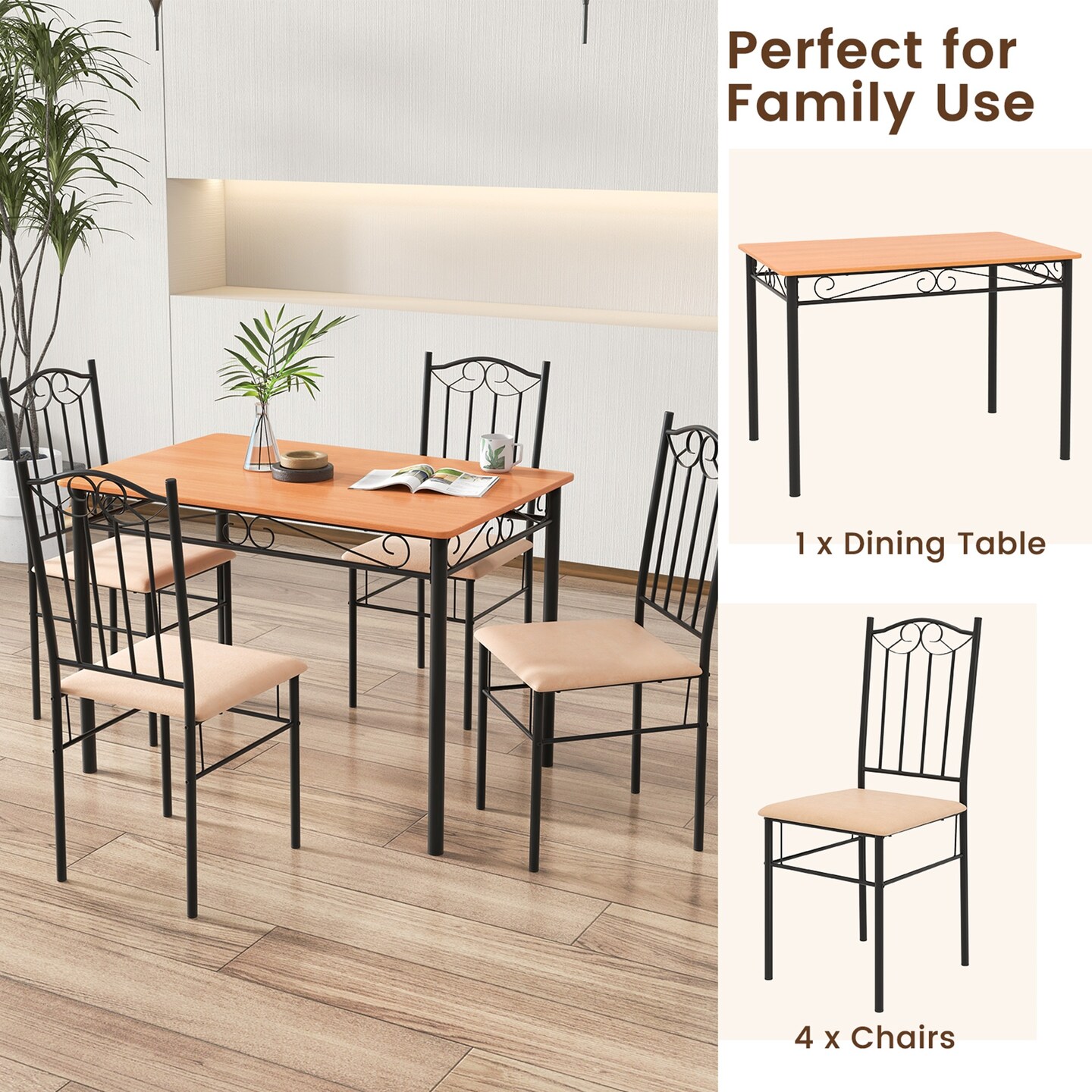 Costway 5 PC Dining Set Wood Metal 30" Table and 4 Chairs Black Kitchen Breakfast Furniture