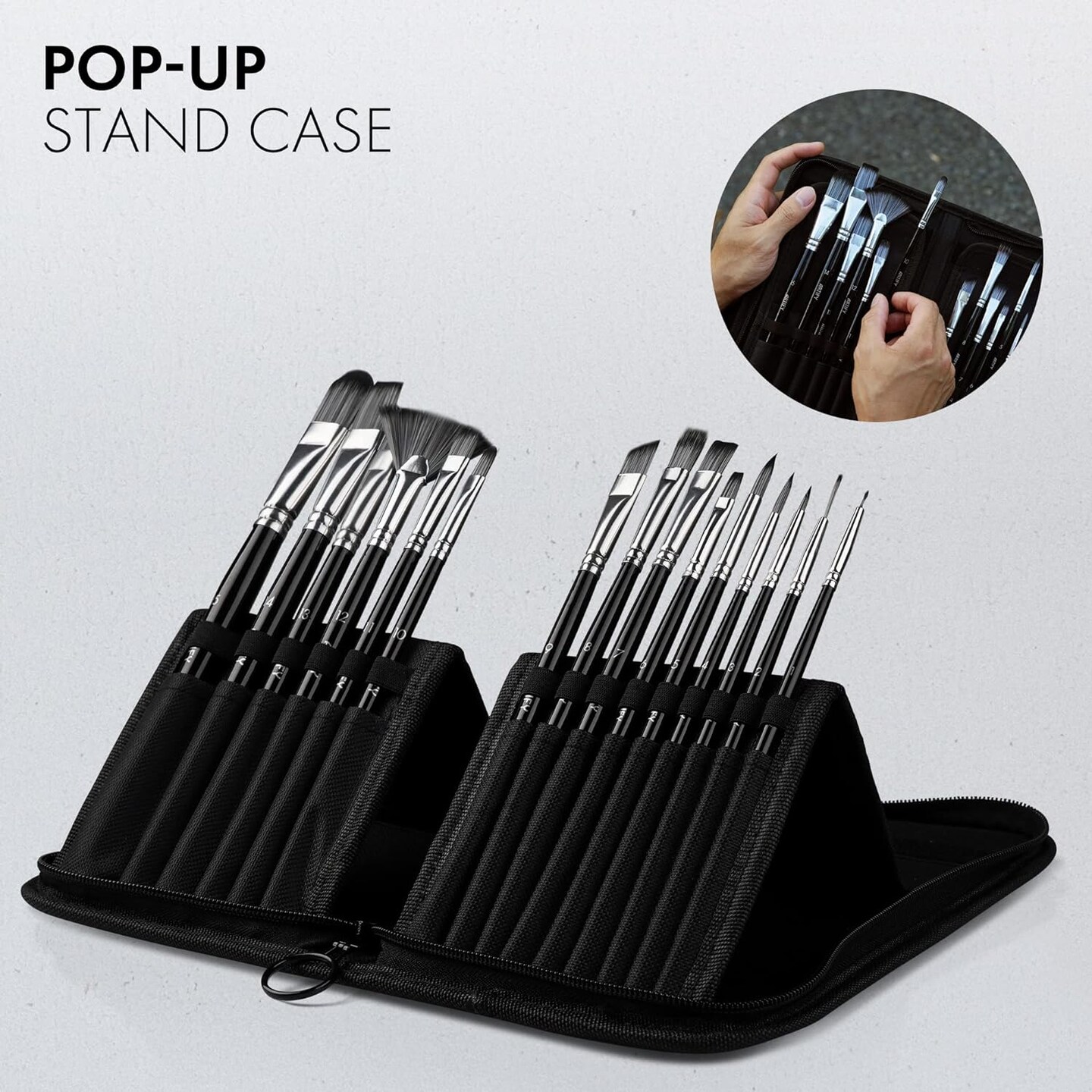 ARTIFY 15 Pieces Paint Brush Set, Intermediate Series, Includes Pop-Up Carrying Case with Palette Knife and 2 Sponges, for Acrylic, Oil, Watercolor and Gouache Painting - Black