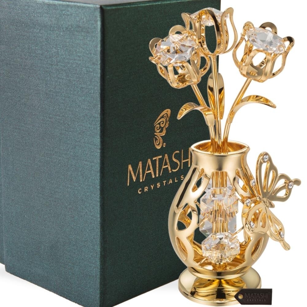 Matashi 24K Gold Plated Crystal Studded Flower Ornament In A Vase With Decorative Butterfly (Clear Crystals)