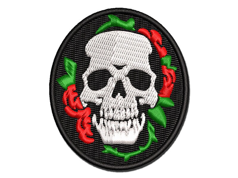 Skull and Roses Flowers Bones Multi-Color Embroidered Iron-On or Hook &#x26; Loop Patch Applique