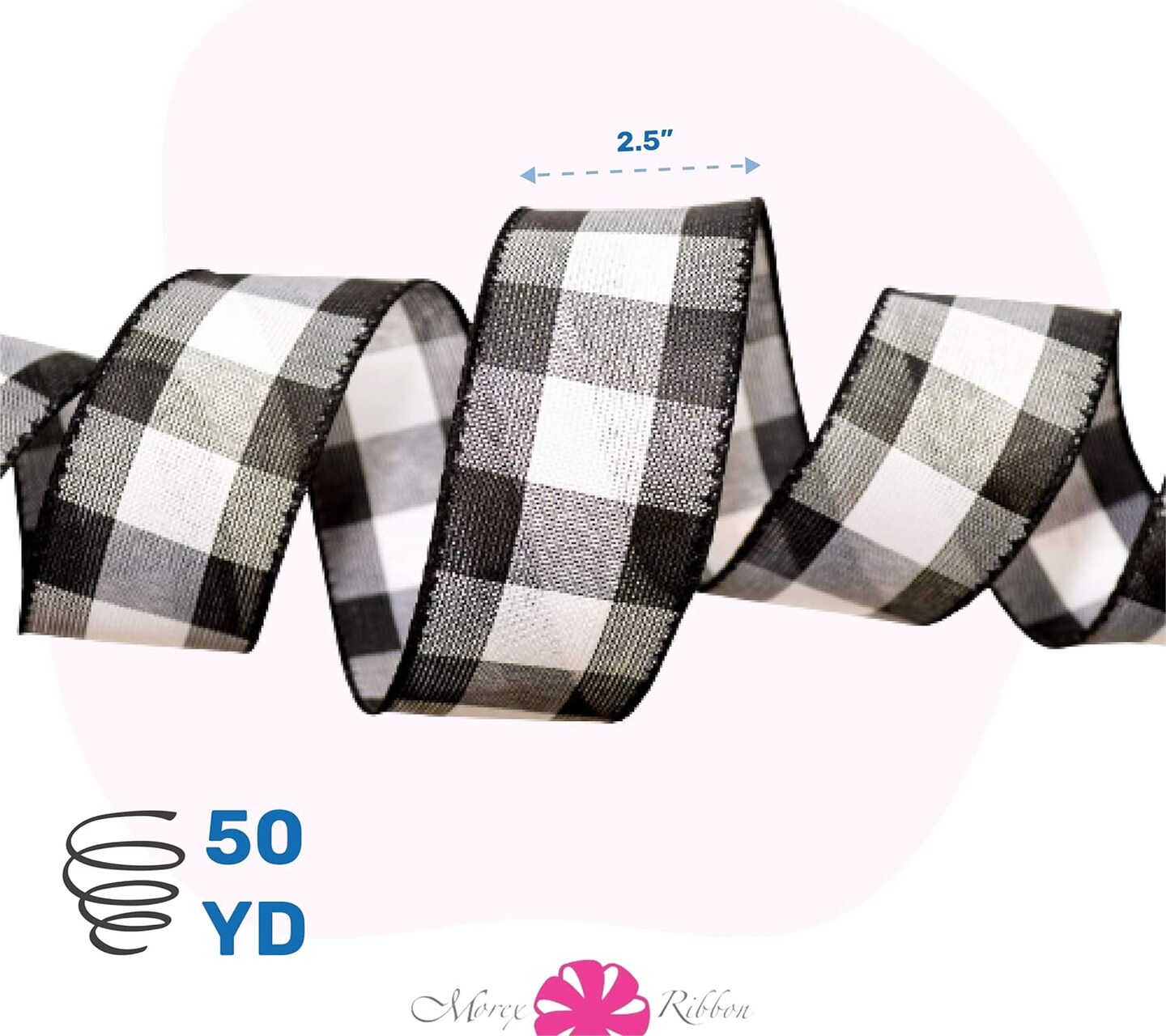 7398.60/50-613 Cambridge 2.5&#x22; X 50 YD Wired Ribbon, Black and White, Buffalo Check Plaid Ribbon for Gift Wrapping, Christmas Decorations Indoor Home Decor, Craft Supplies &#x26; Materials