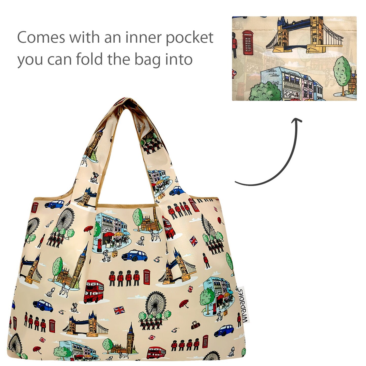 Wrapables Large Foldable Tote Nylon Reusable Grocery Bags, Britain