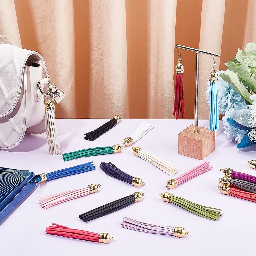 3.3"~3.5" Long Faux Leather Tassel, 30pcs Keychain Tassels 30 Colors Faux Suede Tassel Pendants Keychain Tassels with Loop for Keychain Cellphone Straps DIY Earring Jewelry Making