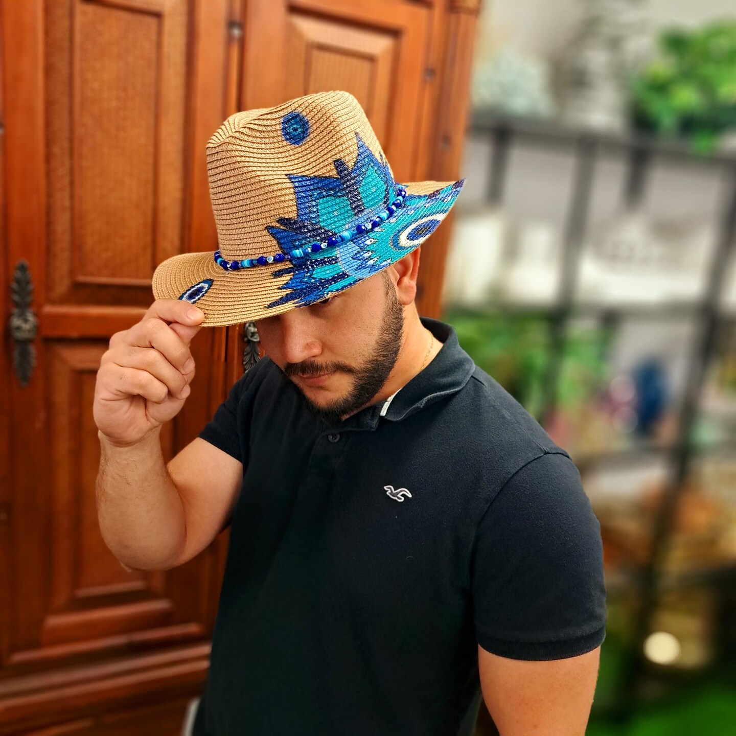Mandala Hat Turkish Boho Blue Mandala Straw Hat – Handcrafted with Turkish Eye  main image 2