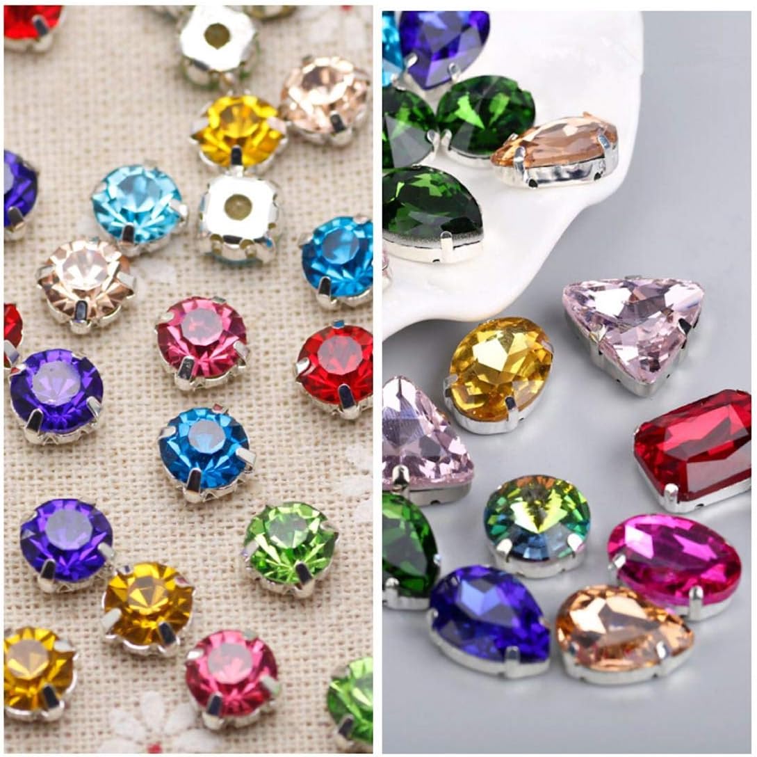 Sew On Rhinestones, Choupee 130PCS Sew On Glass Rhinestone Metal Back Prong Setting Sewing Claw Rhinestone Mixed Shapes for Costume, Clothes, Garments, Dress, Earring, Belt and Shoes