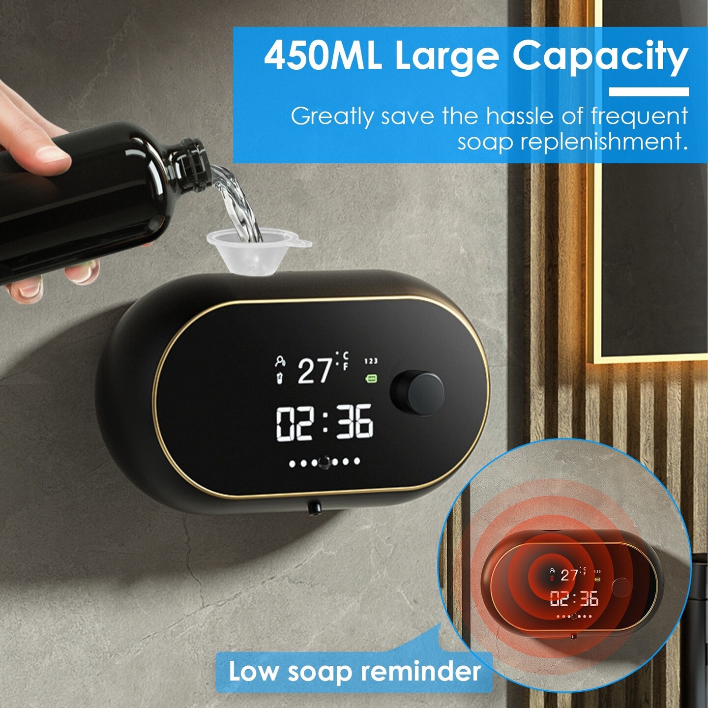 Automatic Wall-Mounted Soap Dispenser - Touchless Infrared Sensor, Liquid Foam, 450ml, with Clock and Temperature Display, USB Rechargeable