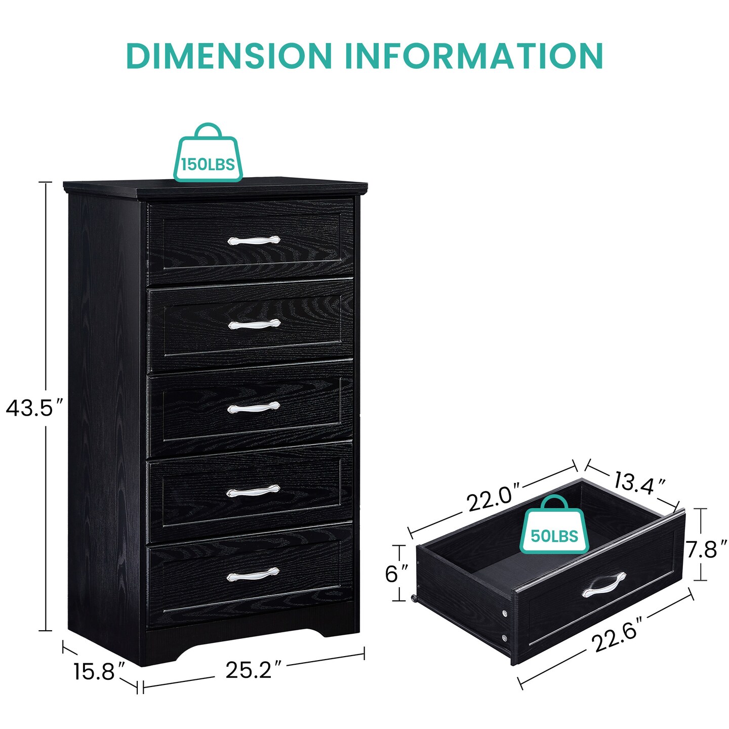 5 Tier Bedroom Chest of Drawers, Dresser with Drawers, Clothes Organizer -Metal Pulls