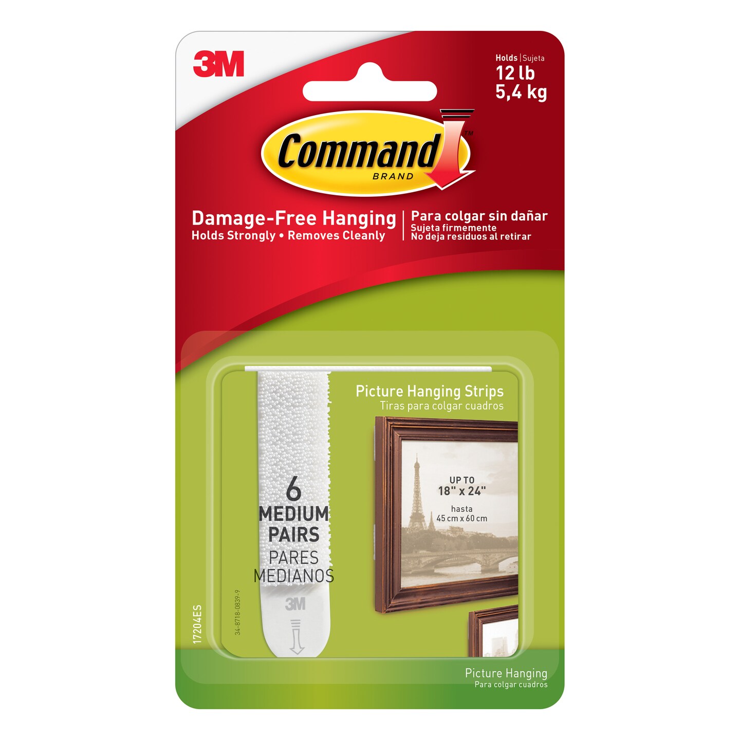 3M Command Picture Hanging Strips, Medium, White, 6/Pkg.