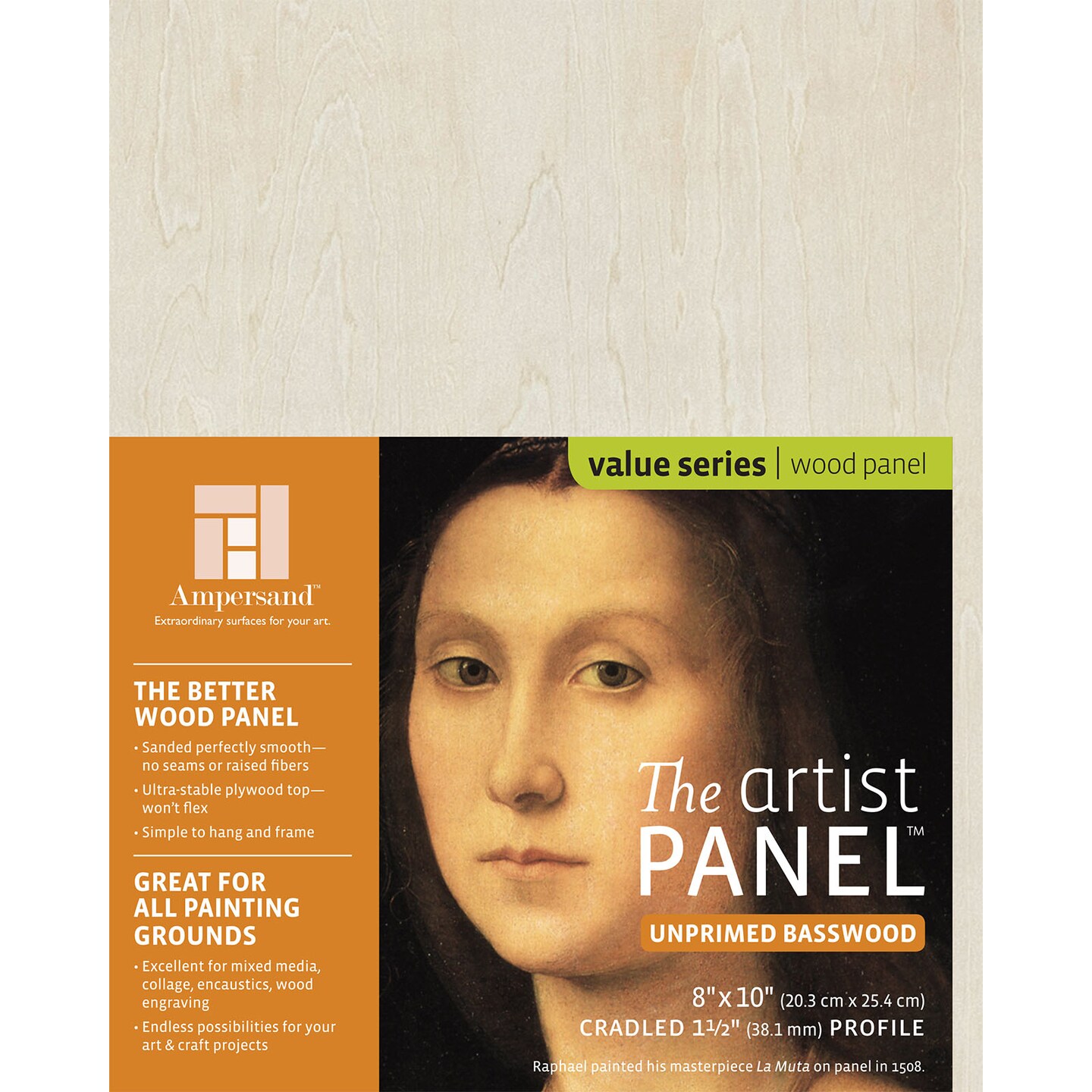 Ampersand Art Artist Panel, Unprimed Basswood, Cradled, 11/2" Profile