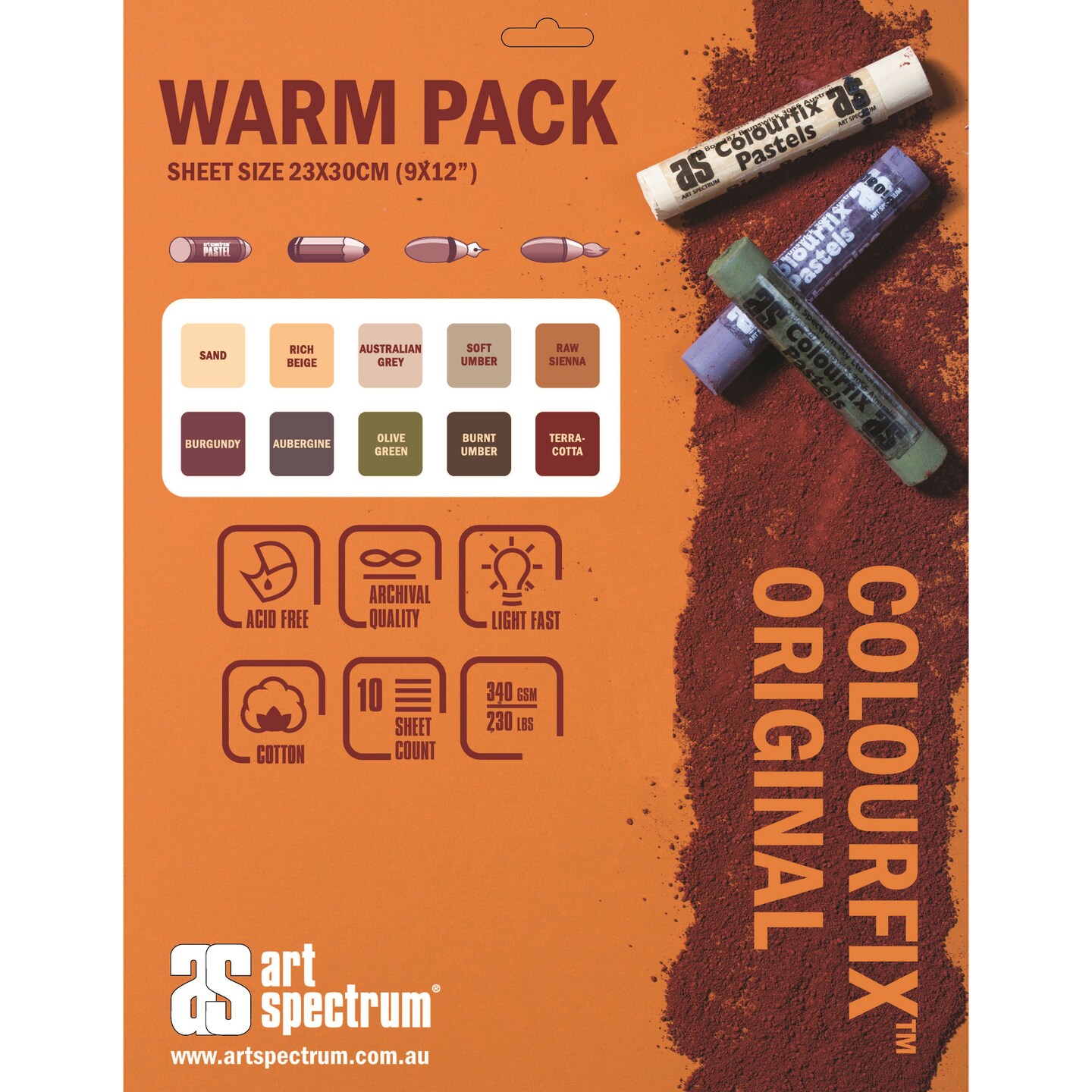 Armadillo Colourfix Pastel &#x26; Multi-Media Paper Pack, Warm Colors, 9&#x22; X 12&#x22;, 140 Lb., 10 Shts./Pkg.