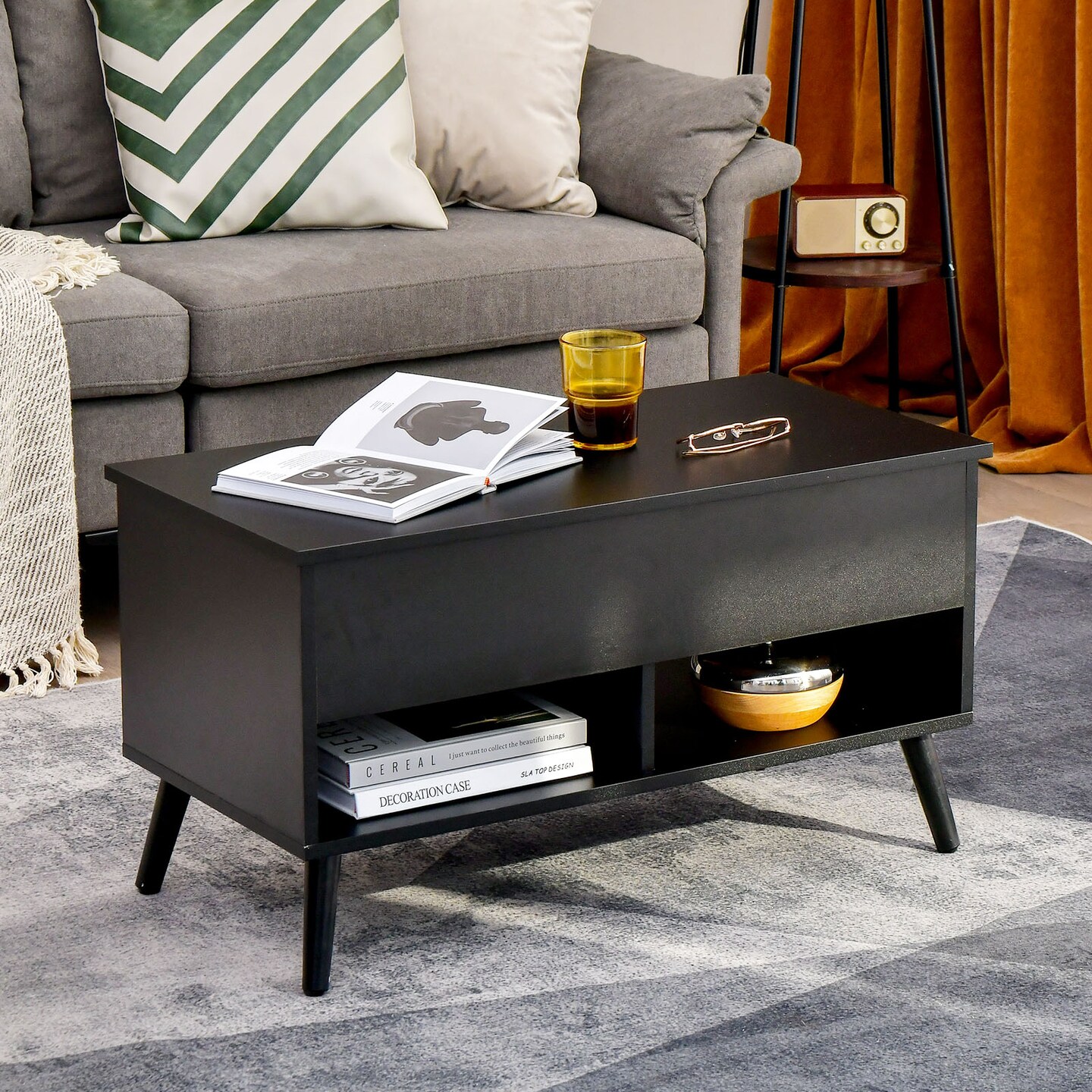 Lift Top Coffee Table with Hidden Compartment and 2 Storage Shelves
