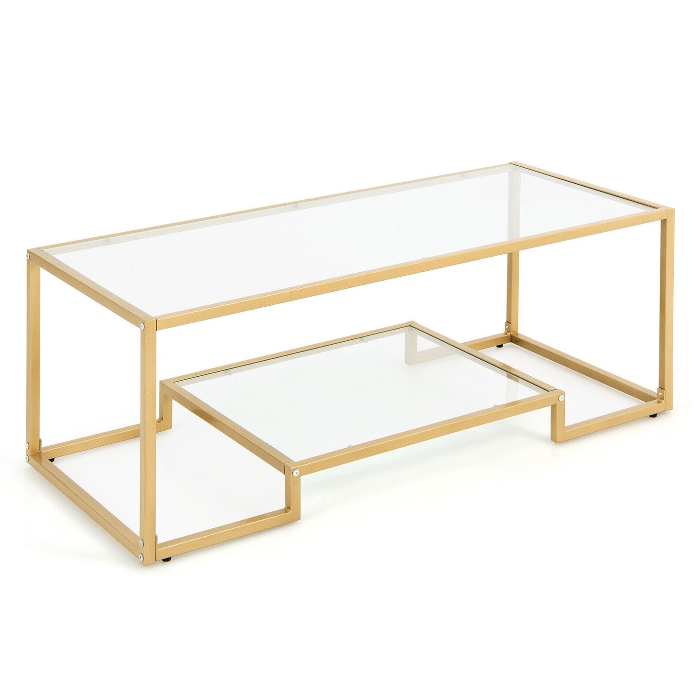 Modern 2-Tier Rectangular Coffee Table with Glass Table Top