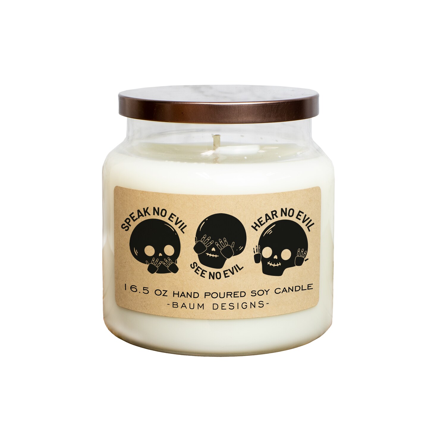 Speak No Evil, See No Evil, Hear No Evil Skull Soy Candle - 16.5oz 