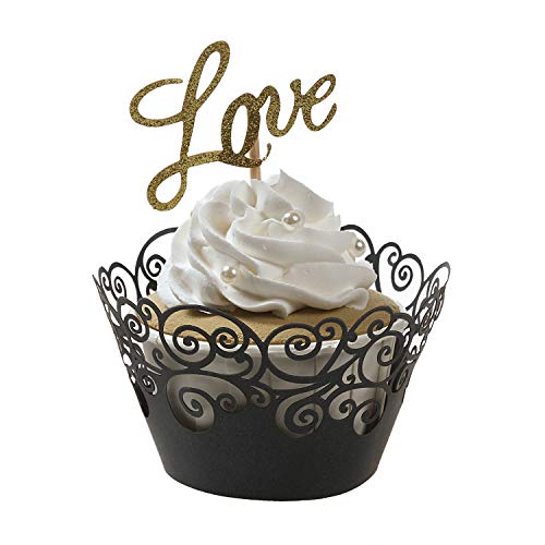 Cupcake Wrappers, KPOSIYA 50 Pack Cupcake Wraps Filigree Artistic Bake Cake Paper Cup Little Vine Laser Cut Liner Baking Cups Muffin Case Trays for Wedding Party Birthday Decoration (50, Black)