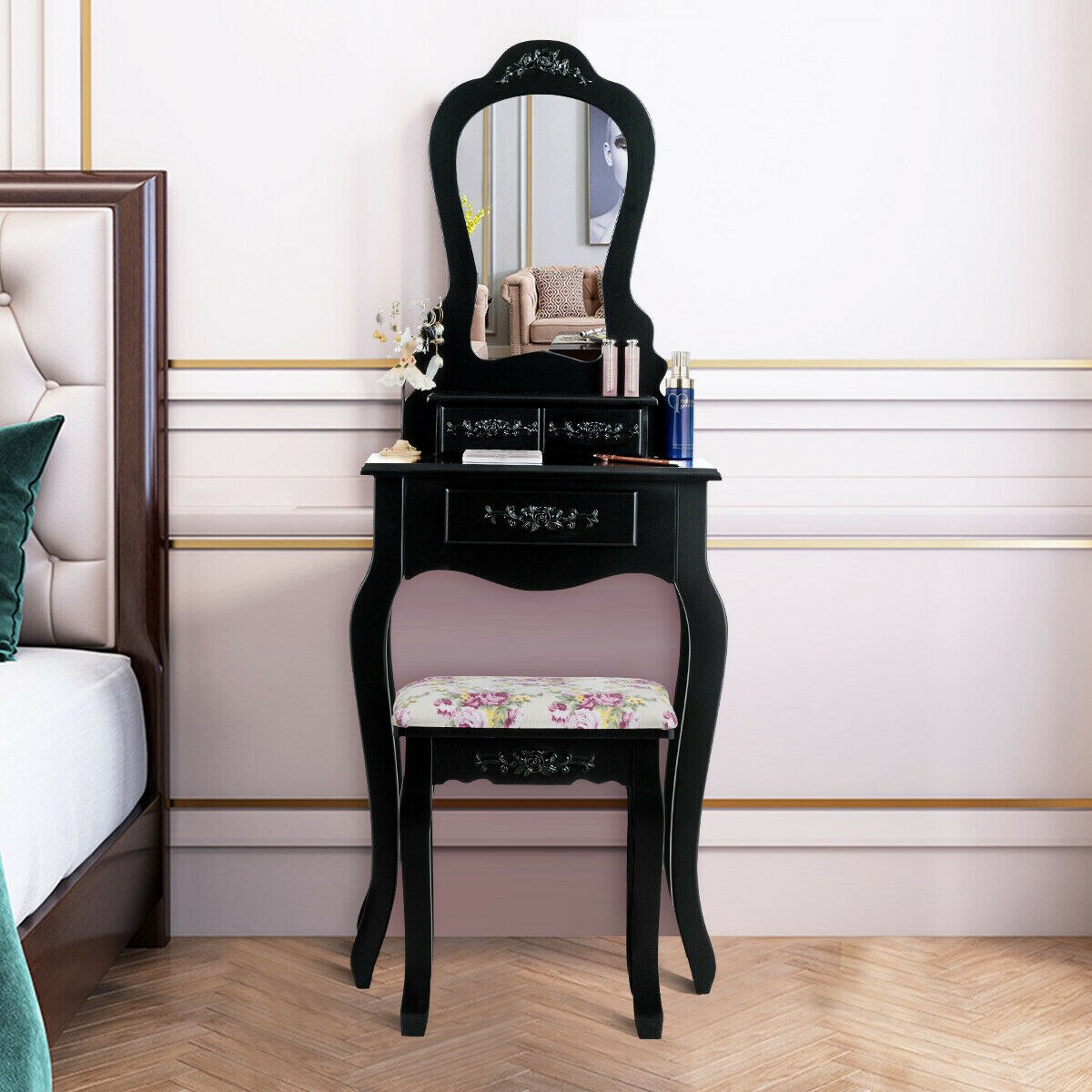 Makeup Dressing Table and Bench 3 Drawers and Cushioned Stool for Girls-Black