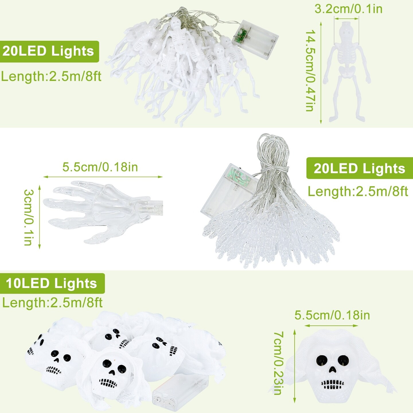 24ft Halloween String Lights with Colorful 3D Spooky Skeleton Ghost | Gauze Skull Lights
