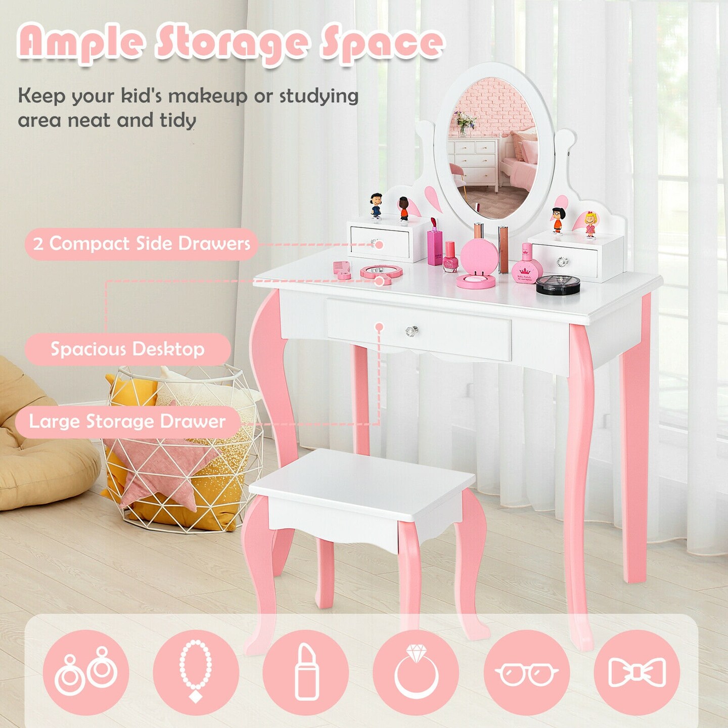 Kids Vanity Princess Makeup Dressing Table Stool Set with Mirror and Drawer