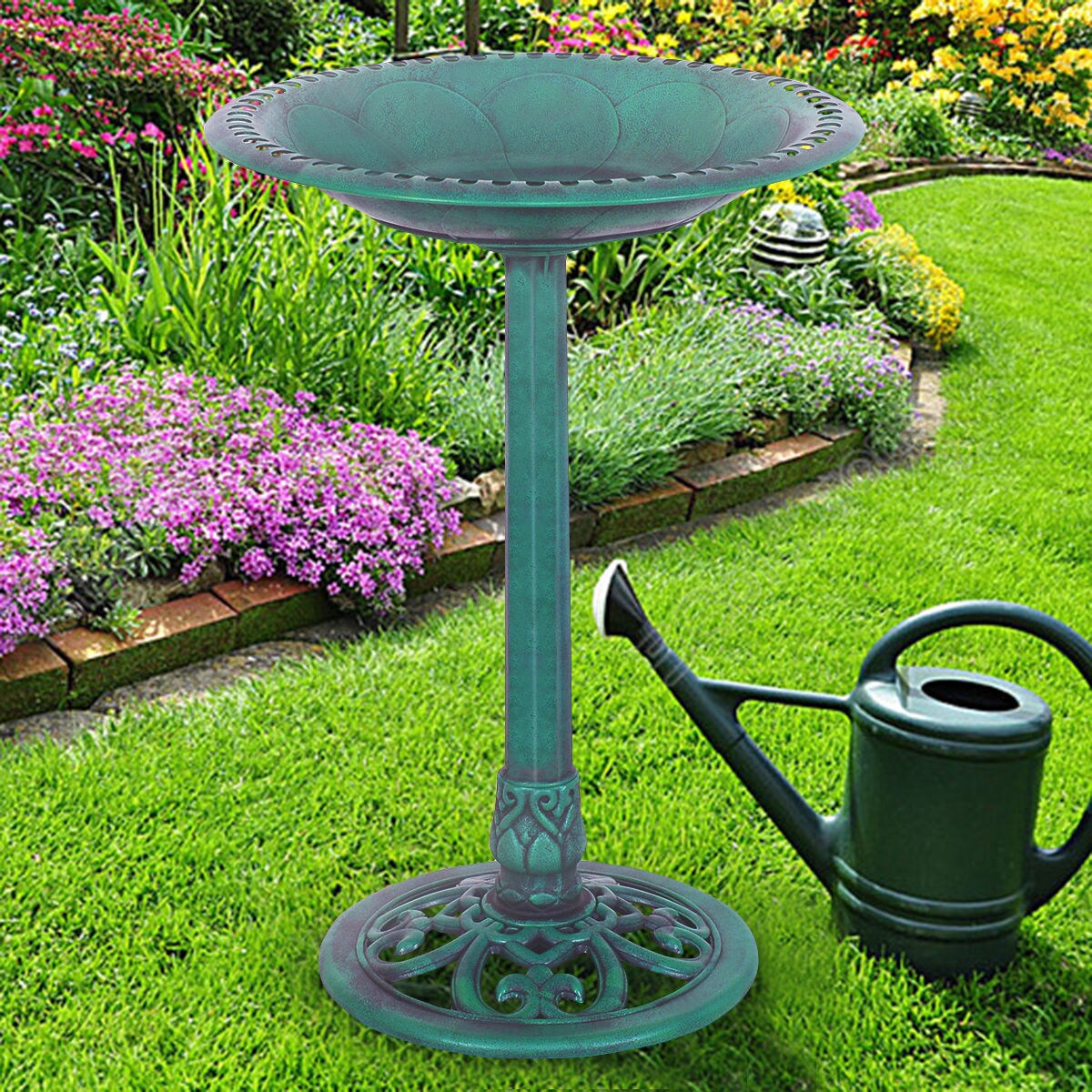 20"x28" Decorative Green Pedestal Bird Bath with Scroll Design Resin Outdoor Water Bowl