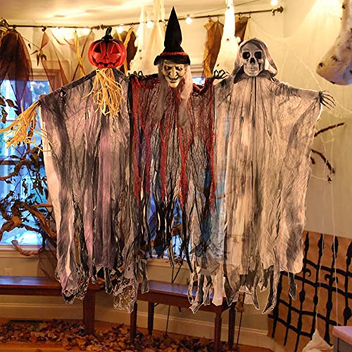 JOYIN 3 Pack 35&#x22; Hanging Ghost Halloween Decorations,Grim Reapers Hanging Witch for Halloween Outdoor Decorations(One Grim Reaper,One Hanging Witch,and One Hanging Reapers)