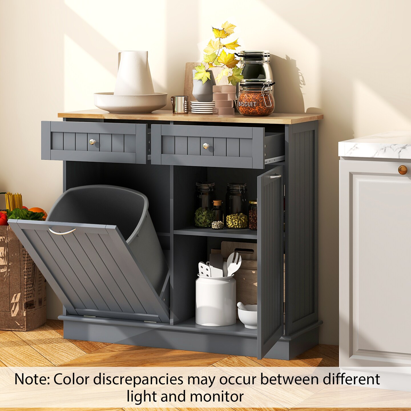 Rubber Wood Kitchen Trash Cabinet with Single Trash Can Holder and Adjustable Shelf