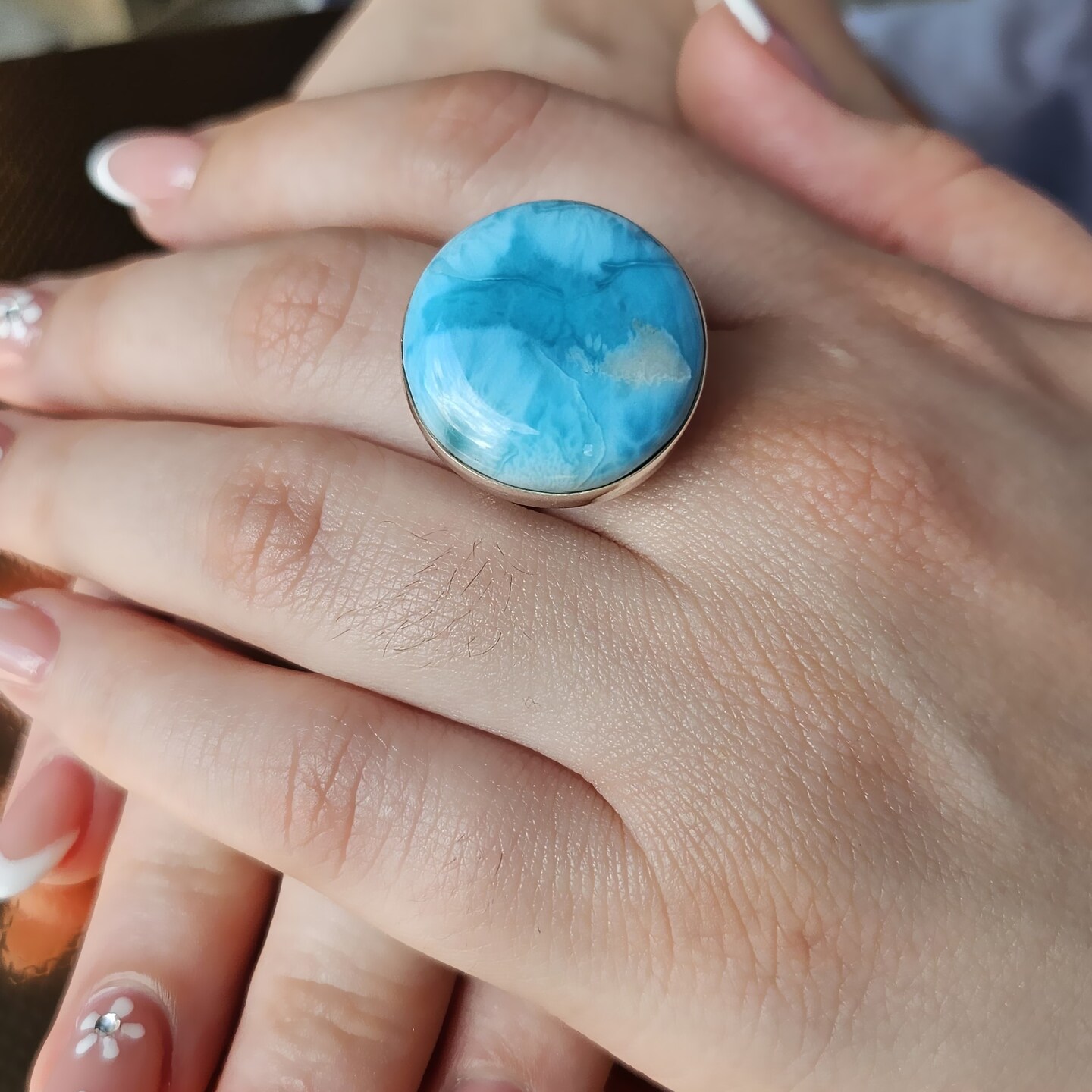 Handmade jewelry natural AAA Larimar round statement ring