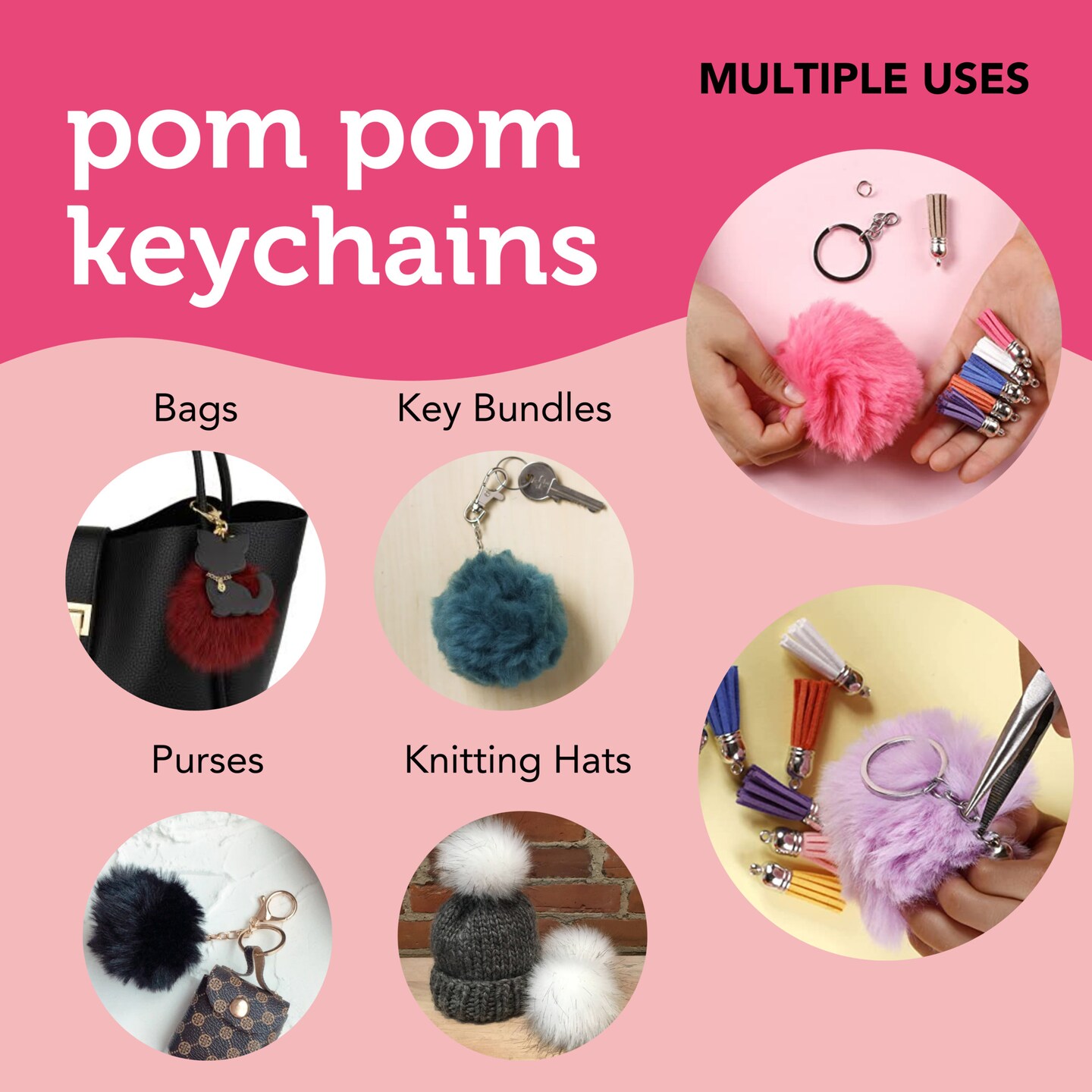 Incraftables Pom Pom Keychain Balls with Tassels & Keyrings (24