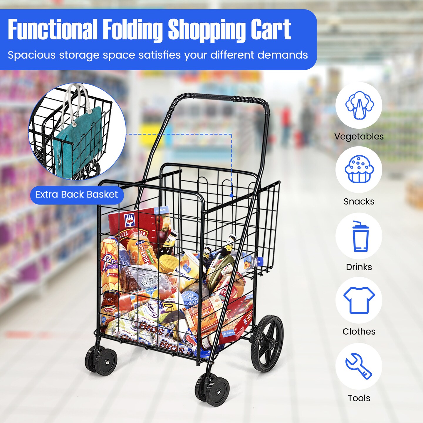 Folding Shopping Cart for Laundry with Swiveling Wheels &#x26; Dual Storage Baskets