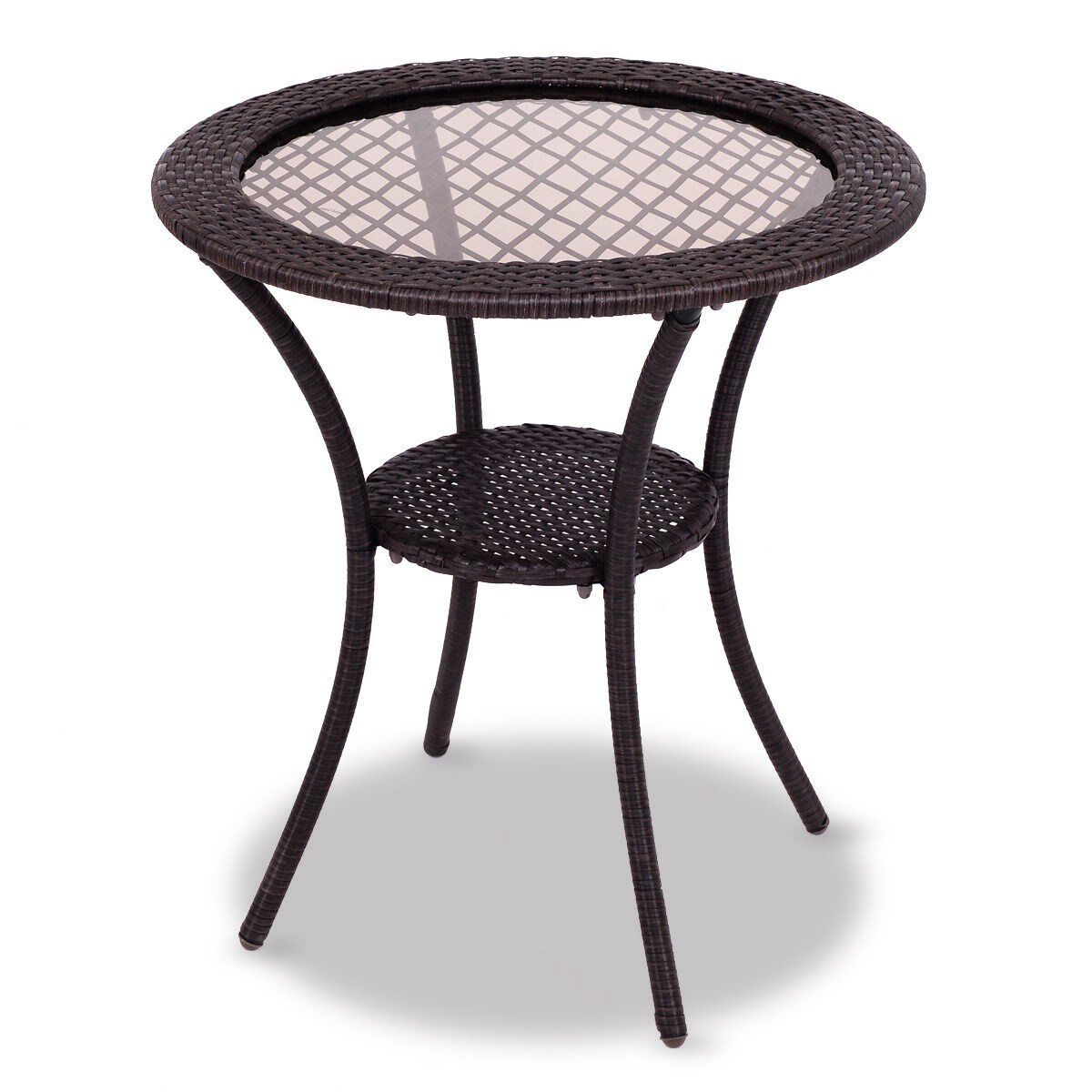 Brown Round Wicker Patio Table Tempered Glass Outdoor Indoor 26 Inch