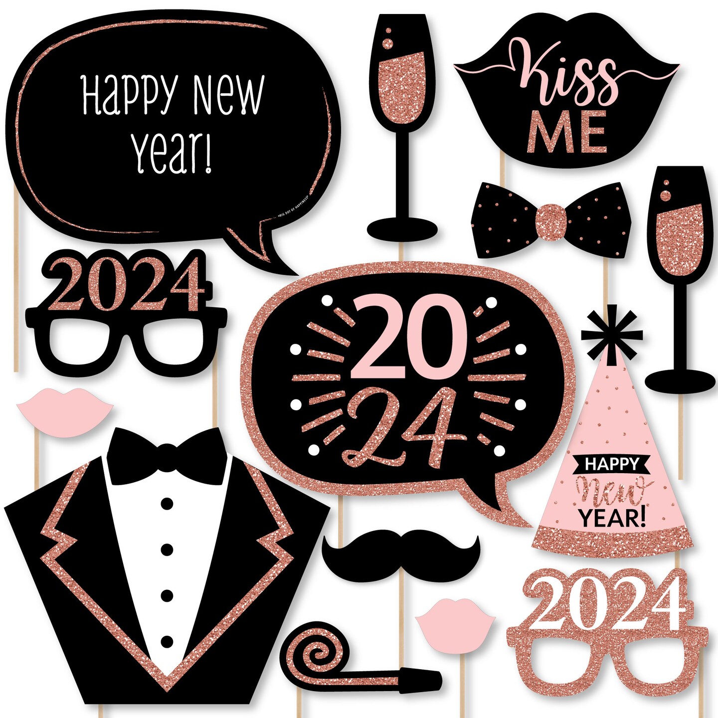 Big Dot of Happiness Rose Gold Happy New Year - 2024 New Year&#x27;s Eve Party Photo Booth Props Kit - 20 Count