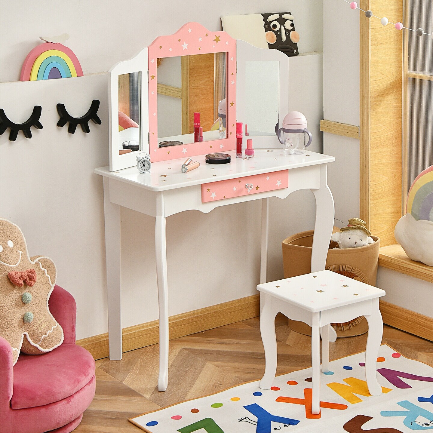 Kids Vanity Princess Makeup Dressing Table Chair Set with Tri-folding Mirror
