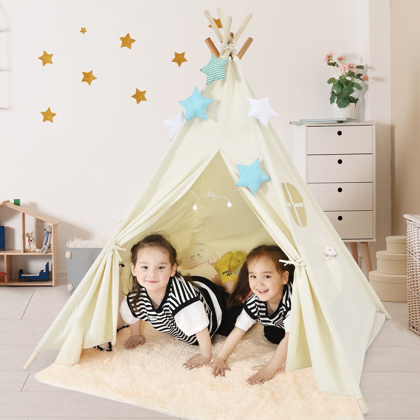 Beige Fold able Kids Canvas Teepee Play Tent with Wooden Support