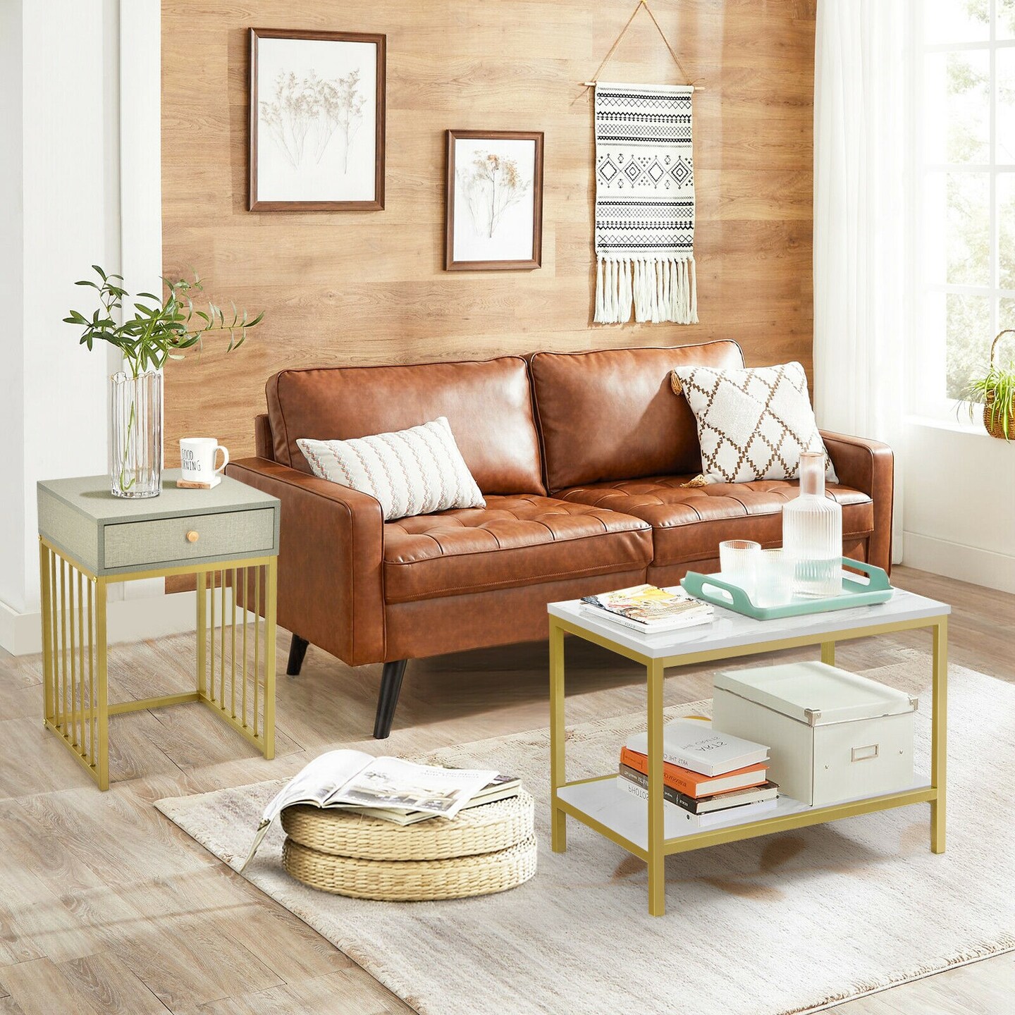 2 Piece Nesting Tables Side Table with Drawer 2 Tier Coffee Table White