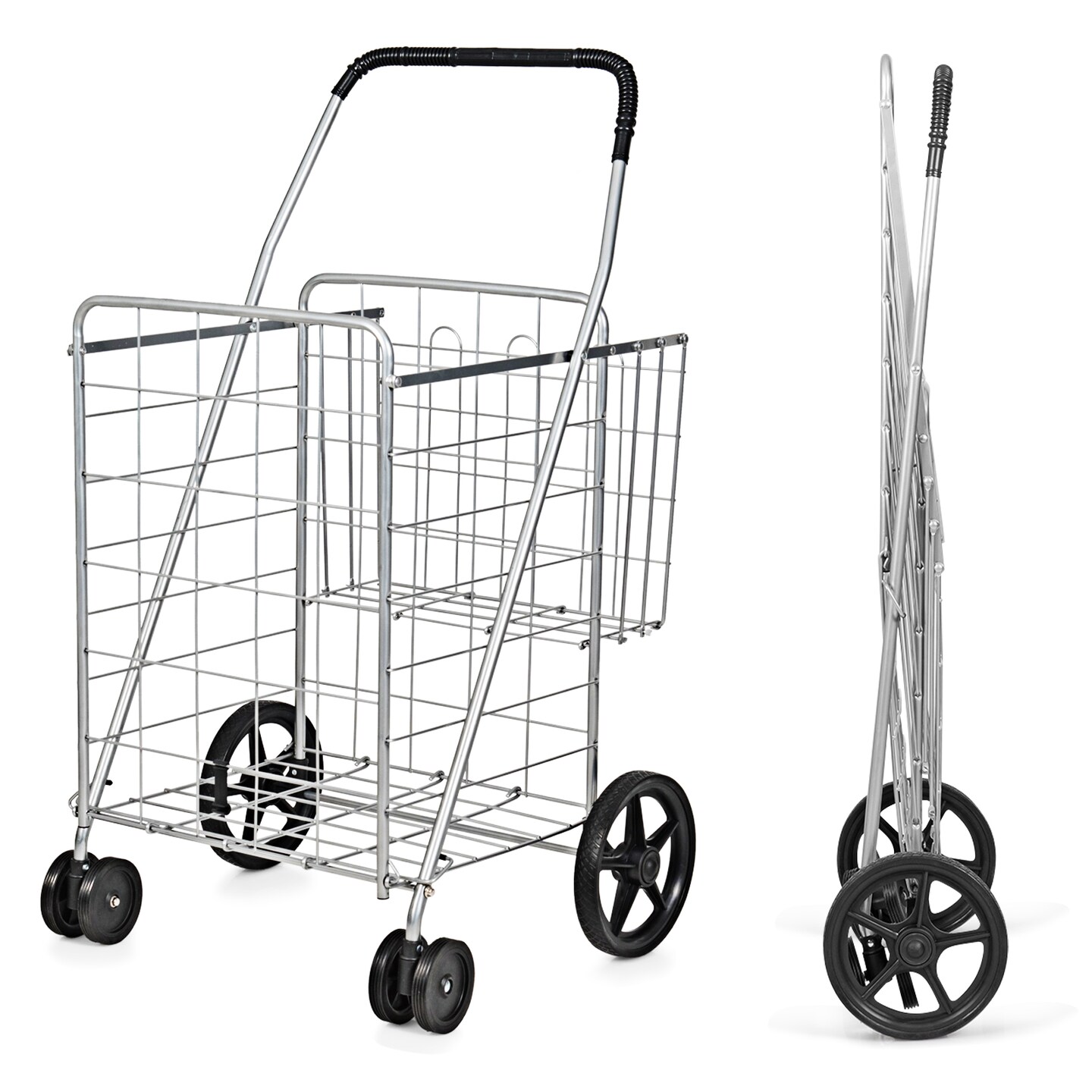Folding Shopping Cart for Laundry with Swiveling Wheels &#x26; Dual Storage Baskets
