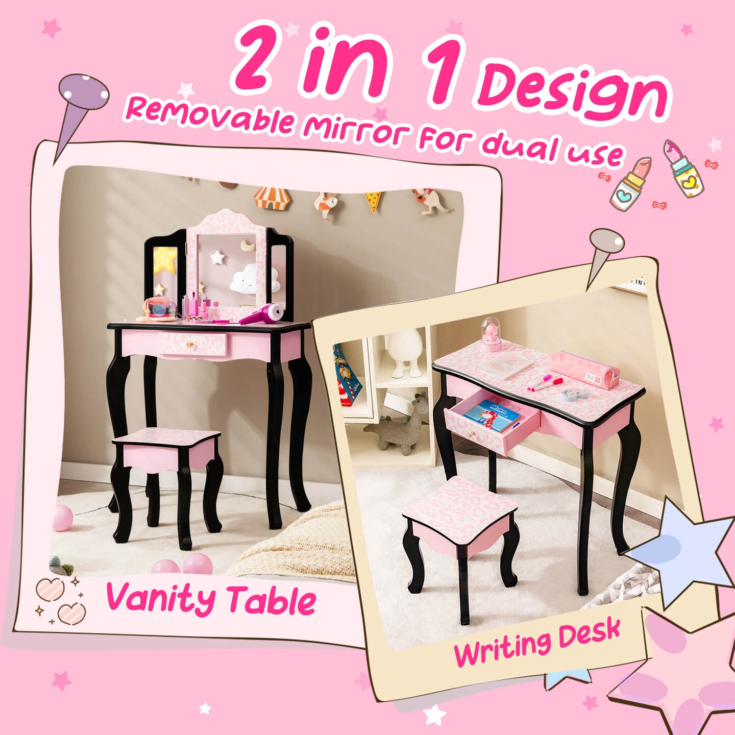 Pink Kids Vanity Table and Stool Set Tri-Folding Mirror MDF Leopard Print