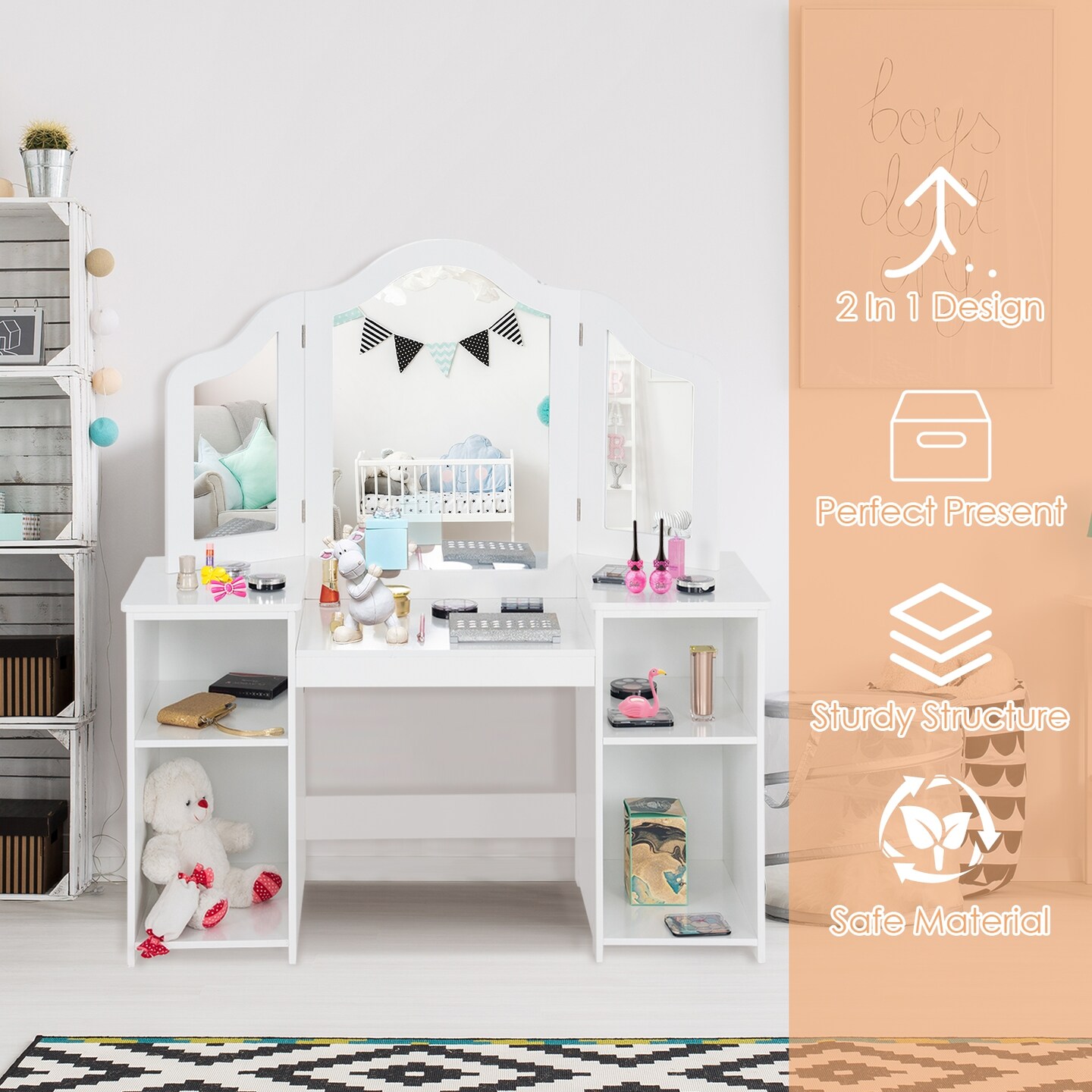 Multi-functional Kids Tri Folding Mirror Makeup Dressing Vanity Table Set with Large Storage Space